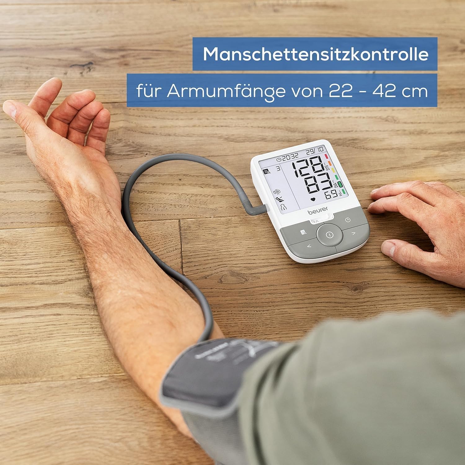 Beurer BM 53 Oberarm-Blutdruckmessgerät, hergestellt in Europa, klinisch validiert, AFib-Erkennung zur Schlaganfallprävention, Risikoindikator, Armumfang, Datenübertragung an Apple Health und Co., grau/weiß – Bild 4