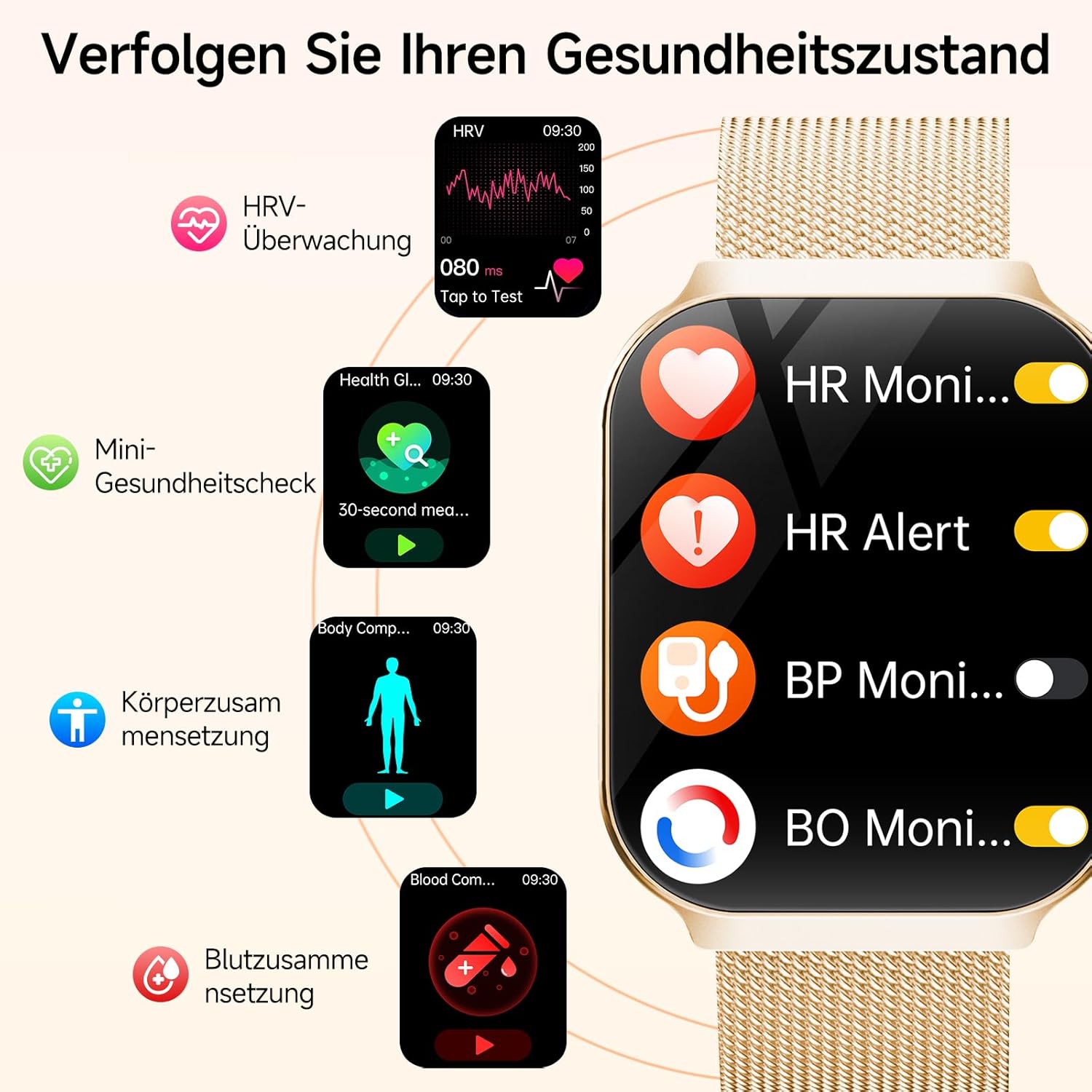 2026 Damen-Smartwatch mit EKG + HRV/BMI/Mikro-Gesundheitscheck/Harnsäure, 2,2-Zoll-Upgrade-Gesundheitsuhr mit 3D-gebogenem Display und 24-Stunden-Blutdruck-Herzfrequenz-Schlafmonitor für Android/iOS – Bild 4