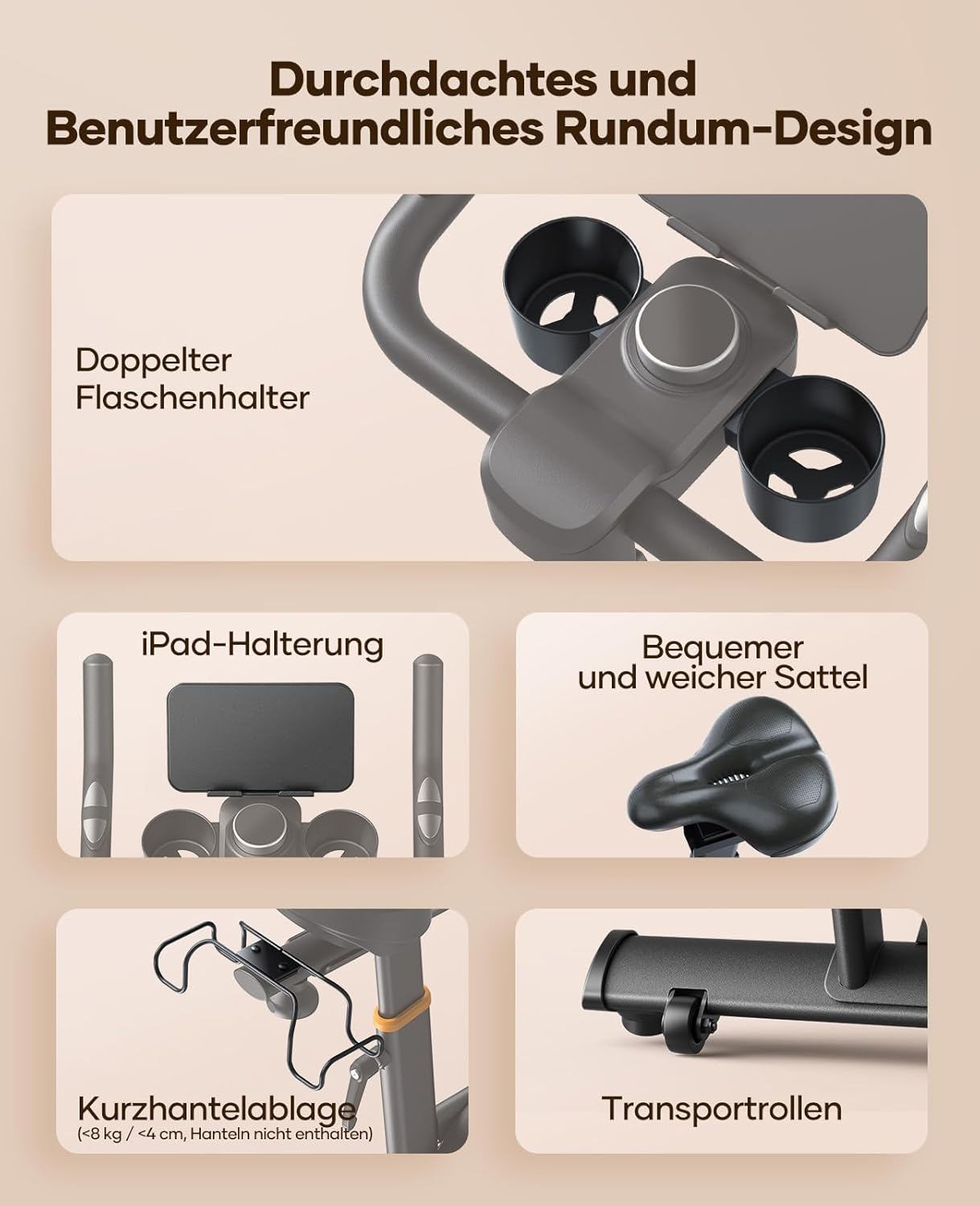 Toputure Neuer Heimtrainer mit elektrischem LED-Touchscreen und App, Herzfrequenzmesser, 32 elektrischer Magnetwiderstands-Heimtrainer, leises Ergometer, doppelter Flaschenhalter, Langhantelständer, bis zu 150 kg – Bild 8