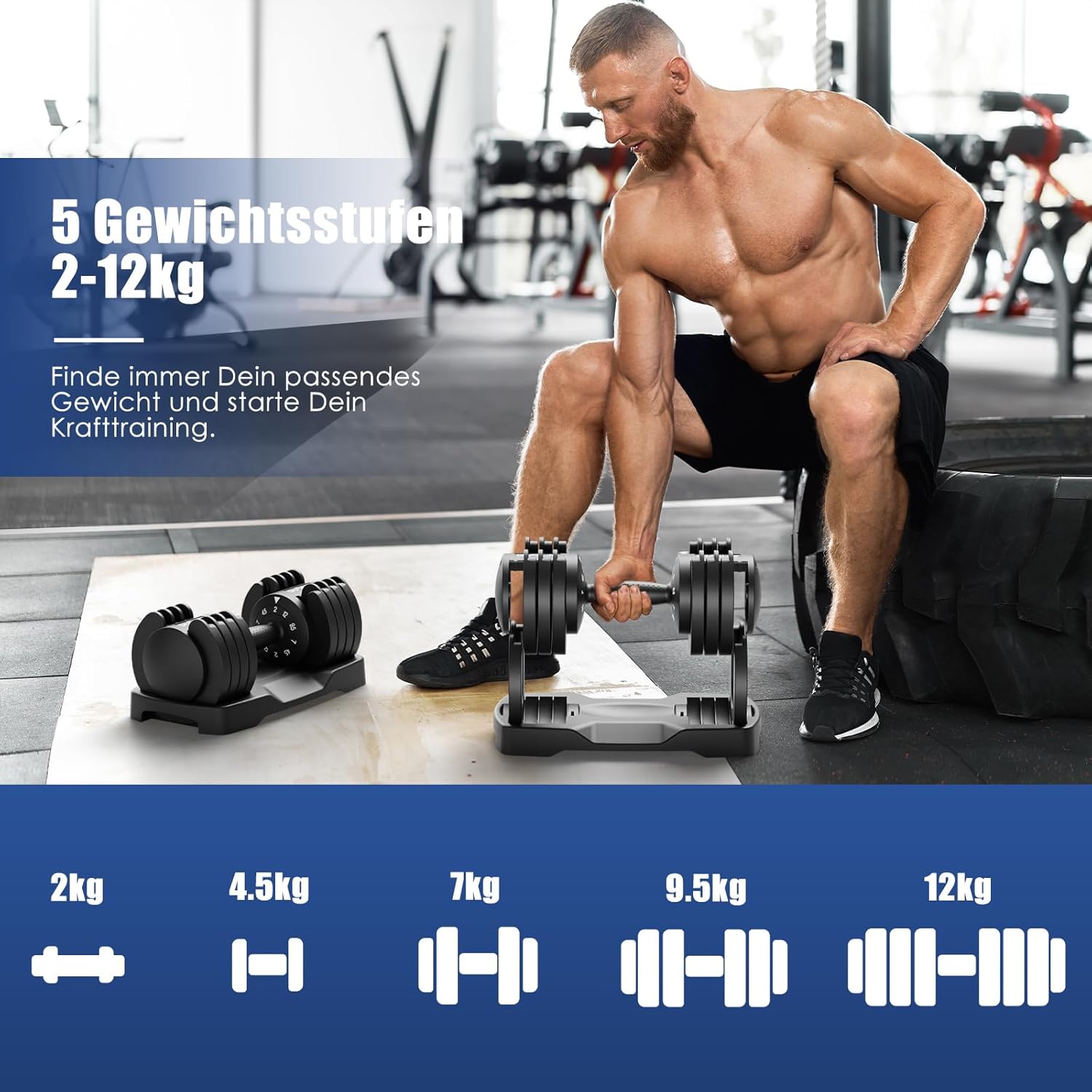 DH FitLife 12 kg verstellbare Kurzhanteln 2 bis 12 kg mit 5 Gewichtsstufen, Kurzhantel-Set mit Hantelscheiben, verstellbare Kurzhanteln, variable Gewichte 5 in 1, 2er-Set – Bild 2