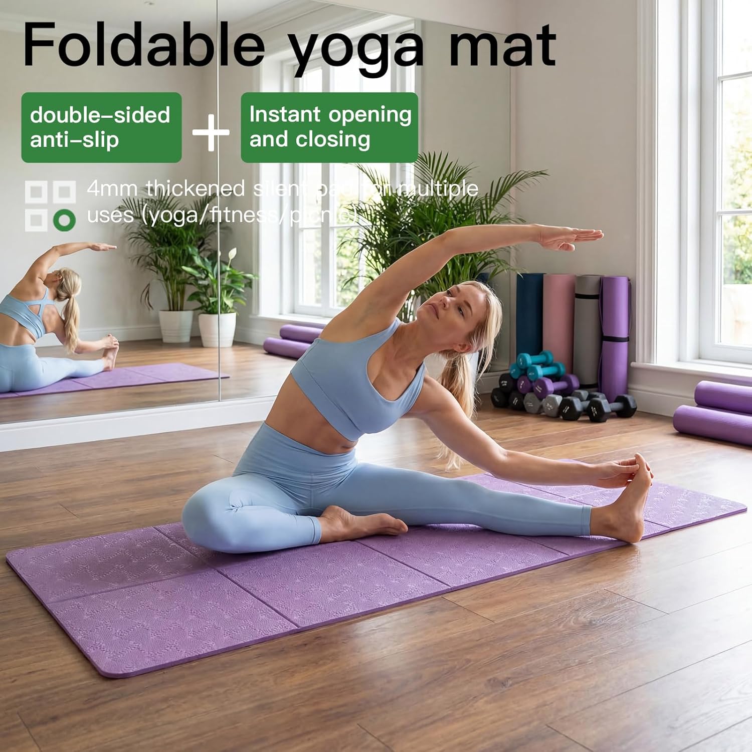 Yogamatte, faltbare Yogamatte, 183 x 61 x 0,4 cm, Reise-Yogamatte, rutschfest, tragbare Fitnessmatte mit Tragetasche für Reisen, Sport – Bild 4