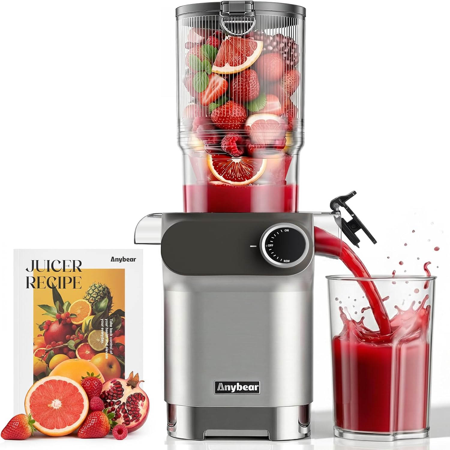 Anybear Entsafter 200 W Slow Juicer mit 110 mm Einfüllschacht für ganze Früchte/Gemüse, verbesserte Schnecke, Tritan-Material, BPA-frei, inklusive Saftrezepten (Silber)