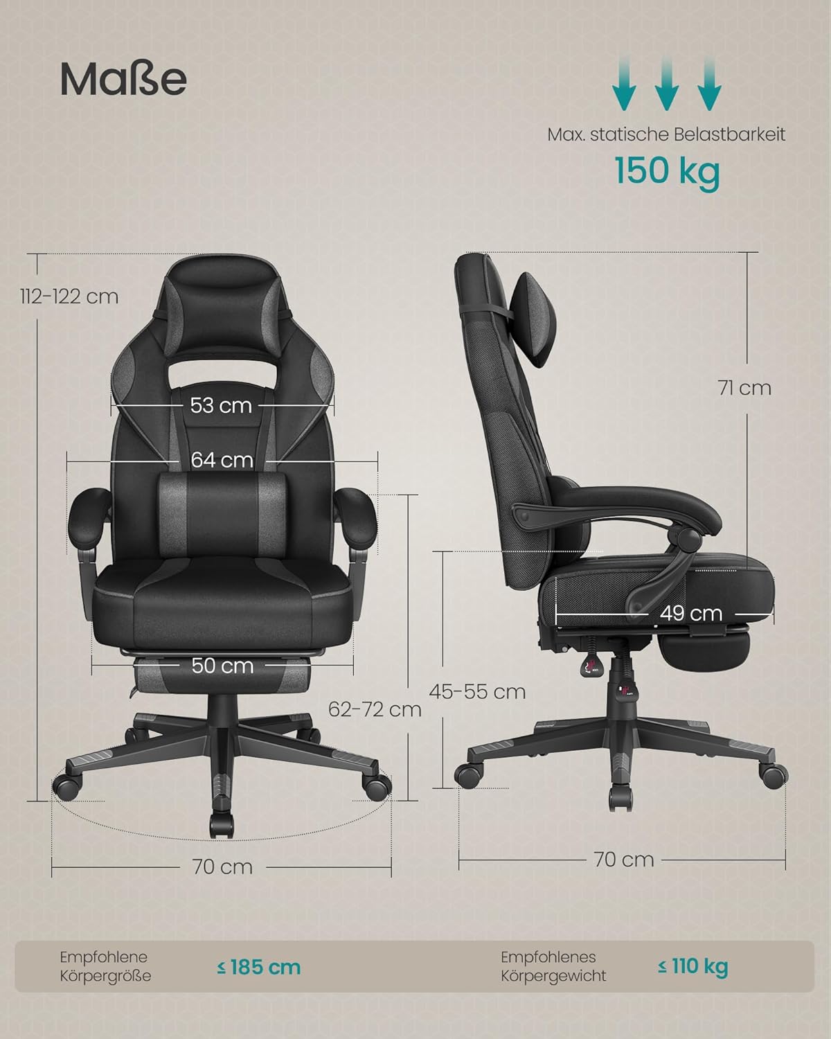 SONGMICS Gaming-Stuhl, Bürostuhl mit Fußstütze, Schreibtischstuhl mit Kopfstütze und Lendenkissen, höhenverstellbar, ergonomisch, maximale Belastung 150 kg, Tintenschwarz/Schiefergrau OBG073BH20 – Bild 2