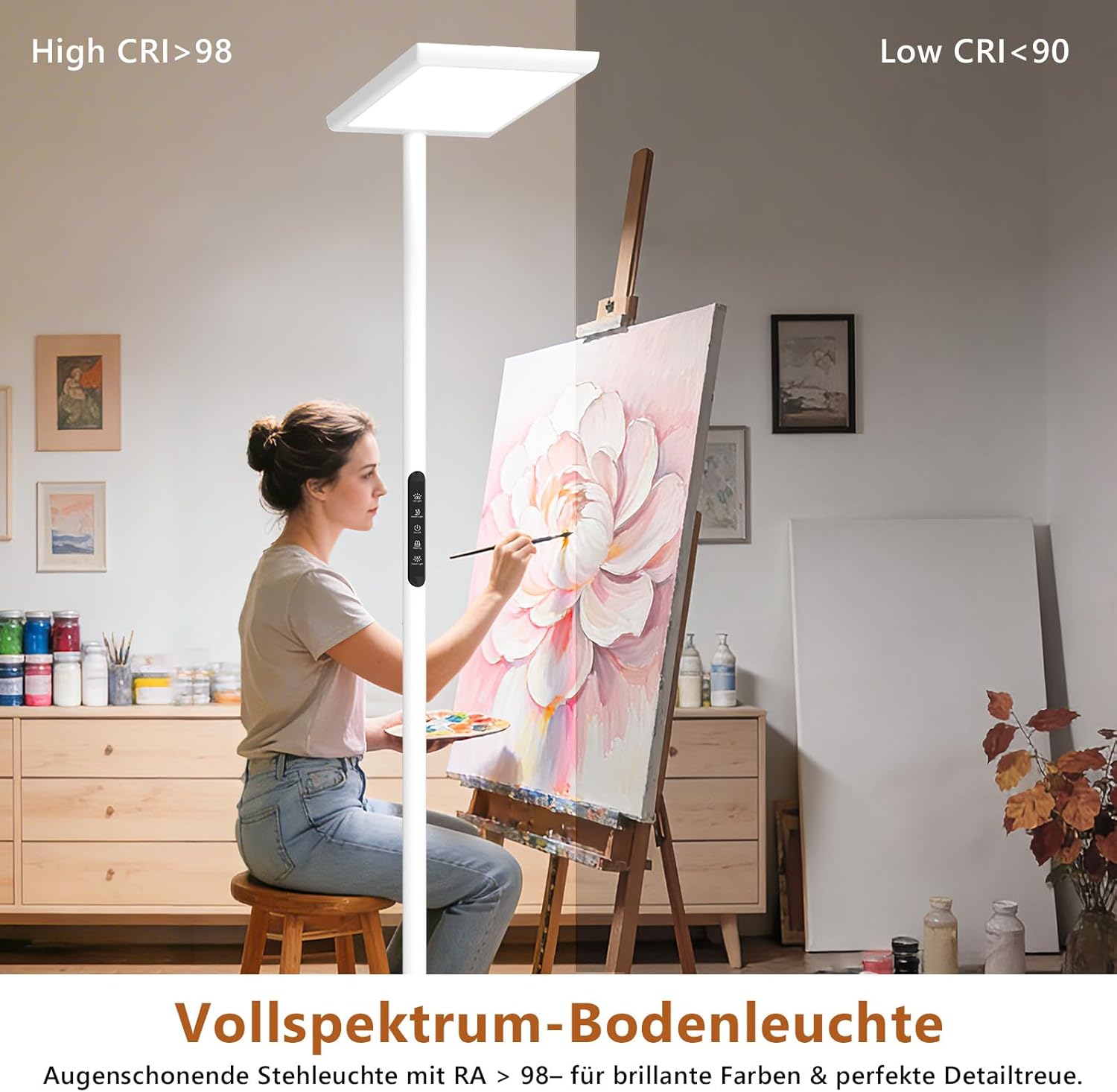 LES FLEURS LED-Büro-Stehleuchte, 196 cm Vollspektrum-Leseleuchte mit Augenschutz, 100 W dimmbare Stehleuchte mit 10100 lm Tageslichtlampe für Wohnzimmer, Schlafzimmer, Arbeitszimmer und Büro – Bild 4