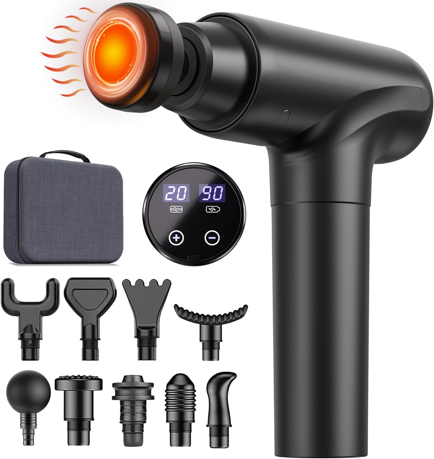Massagepistole mit Wärmefunktion, Muskel-Percussion-Massagegerät, Massagepistole mit LED-Touchscreen, 20 Geschwindigkeiten, 10 Massageköpfe, Tragetasche, leise elektrische Massagepistole