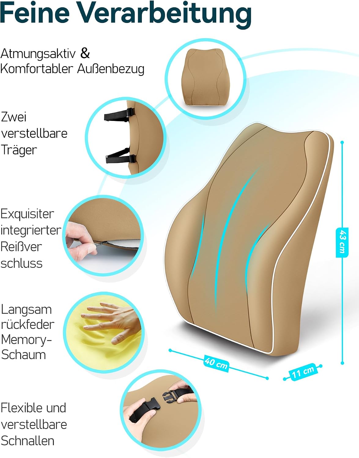 Travel Ease Ergonomisches Memory Foam Rückenkissen, Lendenkissen für Bürostuhl, Schreibtischstuhl, mit antistatischem, hautfreundlichem Bezug und für eine bequeme Sitzhaltung (Khaki) – Bild 5