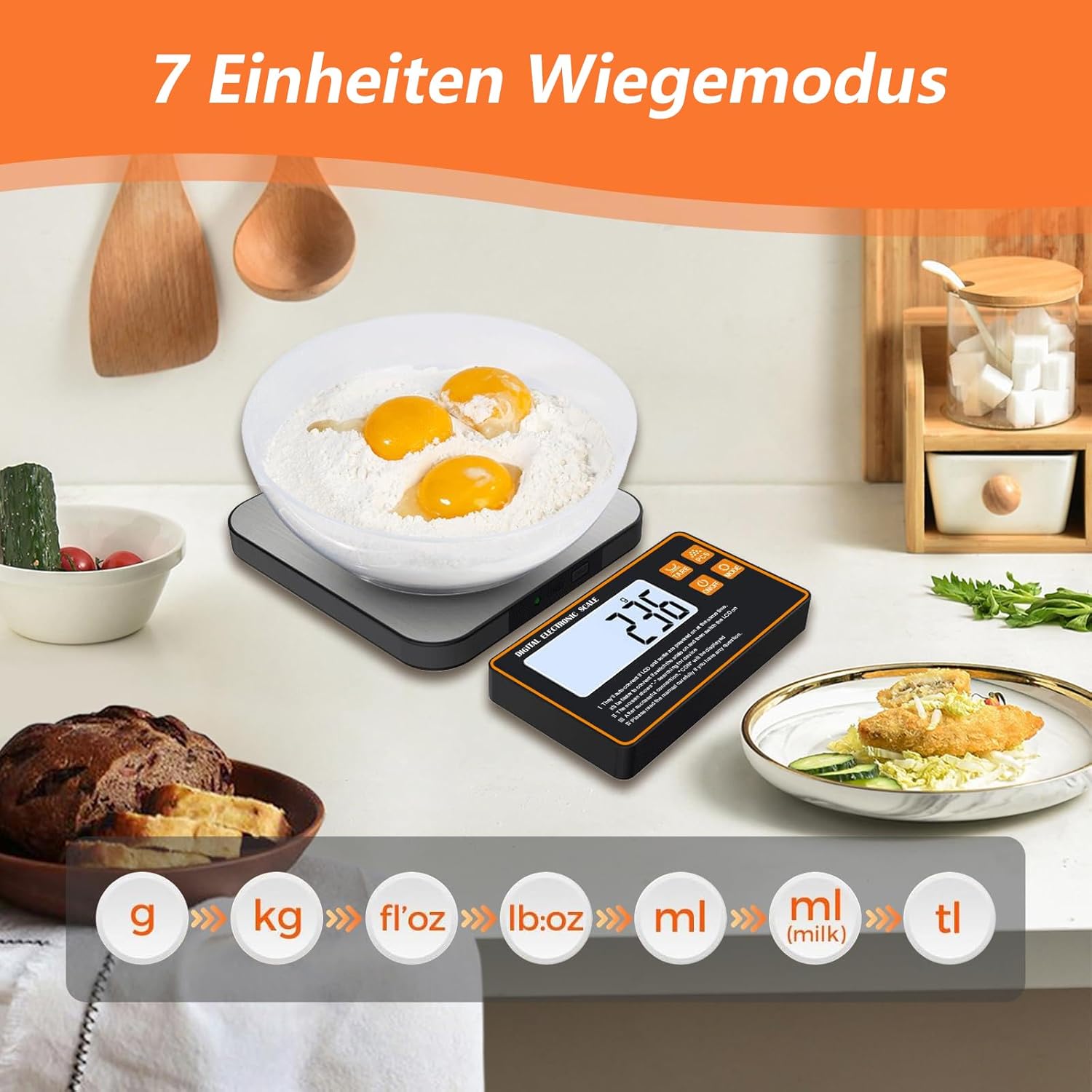 Digitale Küchenwaage 15 kg/1 g mit abnehmbarem Display, Edelstahloberfläche, mit separatem LCD-Display, zum Kochen, Backen, Essenszubereiten – Bild 2