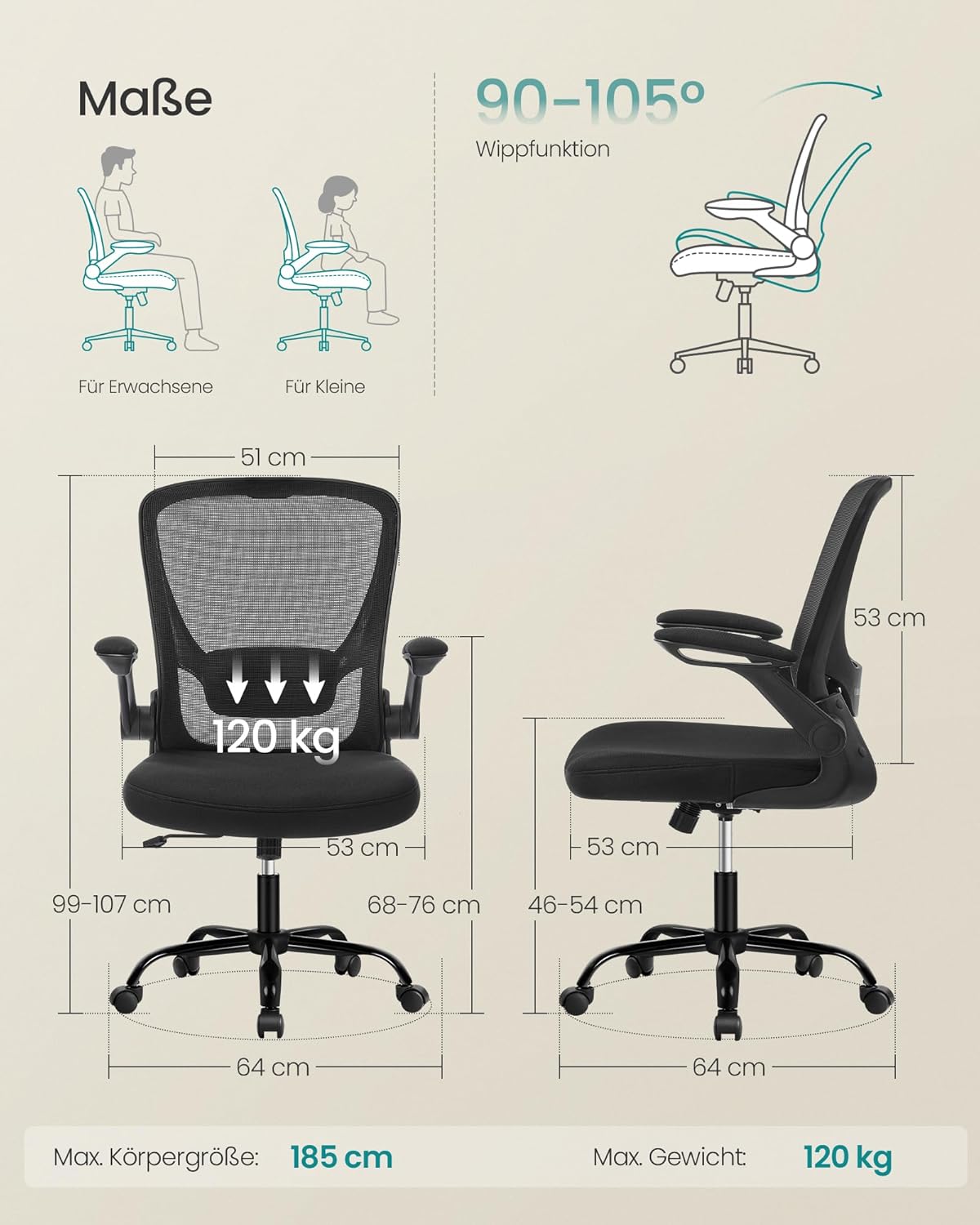 SONGMICS OBN37BK Bürostuhl, Schreibtischstuhl, Netzdrehstuhl, ergonomisch, gepolsterte Lordosenstütze, Wippe, 53 cm Sitzfläche, klappbare Armlehnen, Schwarz – Bild 3
