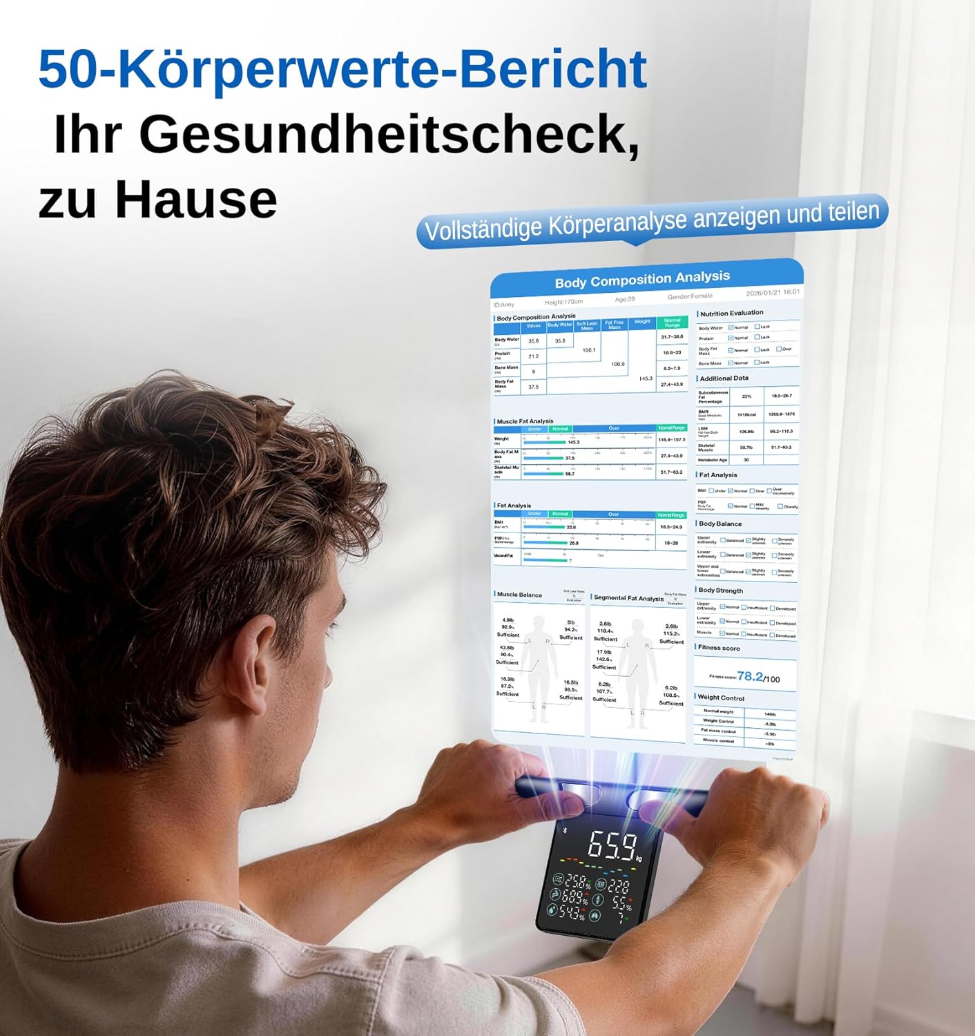 GE Körperfettwaage Digitalwaage Personen, 8 Elektroden Körperwaage mit Körperfett und Muskelmasse, BMI, Analyse von 50 Körperparametern, Smarte Personenwaage mit Bluetooth, 180 kg, Schwarz – Bild 2