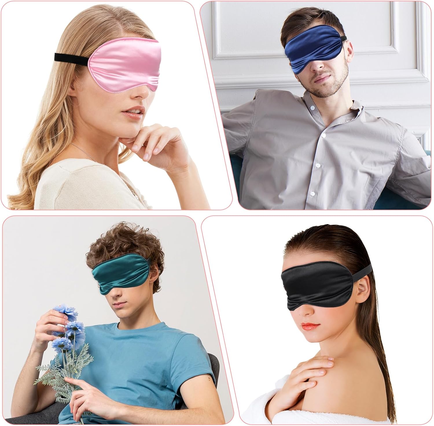 4 Stück Schlafaugenmasken für Männer und Frauen, Schlafmaske aus Seide, verstellbare Augenmaske mit elastischem Band, lichtblockierende Schlafaugenmaske, weiche, atmungsaktive Schlafmaske für Yoga, Reisen, Nickerchen – Bild 5