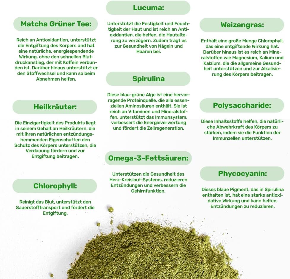 UKKO Vital Greens 500 g Superfood-Pulver mit Spirulina, Matcha und Weizengras, unterstützt Immunsystem, Energie und Verdauung, 100 % natürlich, vegan, deutsche Qualitätskontrolle – Bild 3