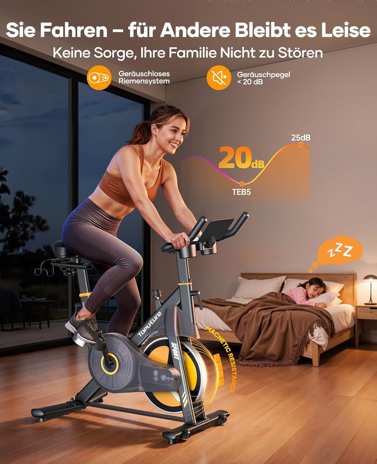 Toputure Neuer Heimtrainer mit elektrischem LED-Touchscreen und App, Herzfrequenzmesser, 32 elektrischer Magnetwiderstands-Heimtrainer, leises Ergometer, doppelter Flaschenhalter, Langhantelständer, bis zu 150 kg – Bild 7