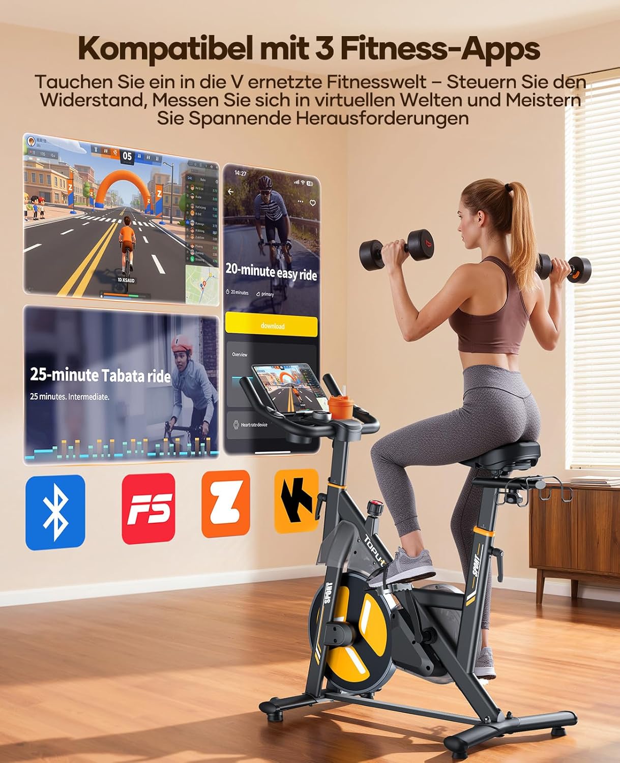 Toputure Neuer Heimtrainer mit elektrischem LED-Touchscreen und App, Herzfrequenzmesser, 32 elektrischer Magnetwiderstands-Heimtrainer, leises Ergometer, doppelter Flaschenhalter, Langhantelständer, bis zu 150 kg – Bild 6