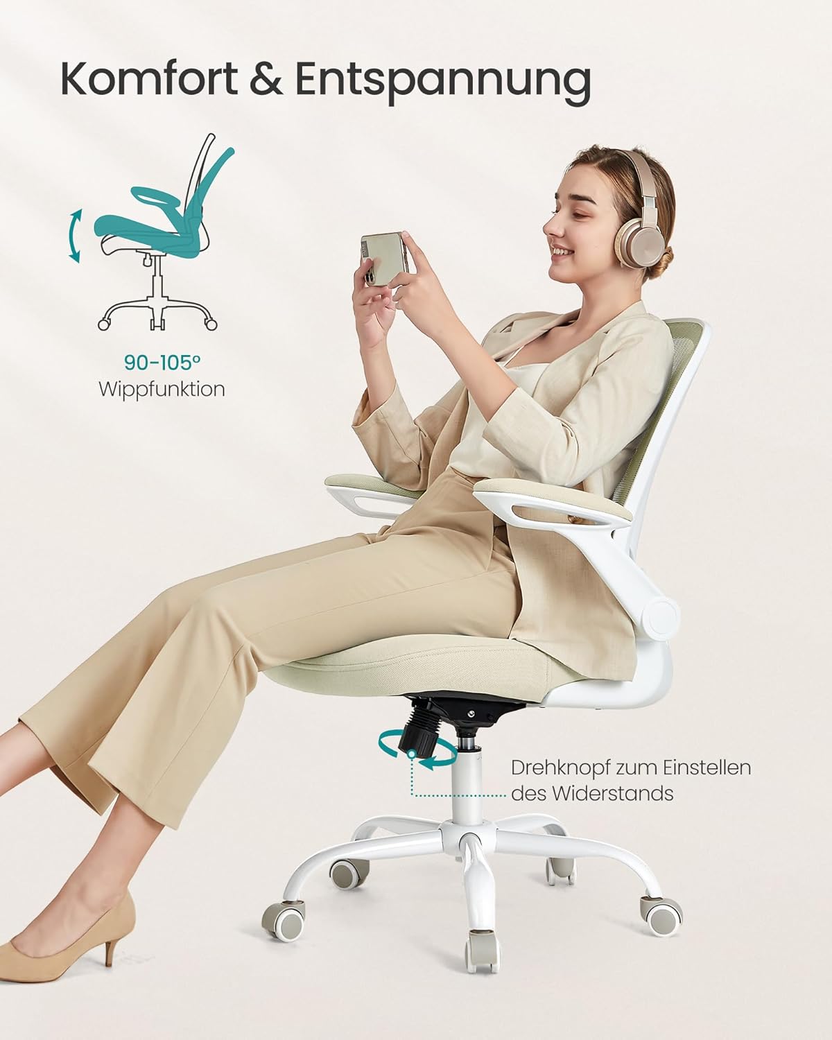 SONGMICS OBN037K02 Büro-Schreibtischstuhl, Netzdrehstuhl, ergonomisch, gepolsterte Lordosenstütze, Wippfunktion, 53 cm Sitzfläche, klappbare Armlehnen, Haferflockenbeige – Bild 5