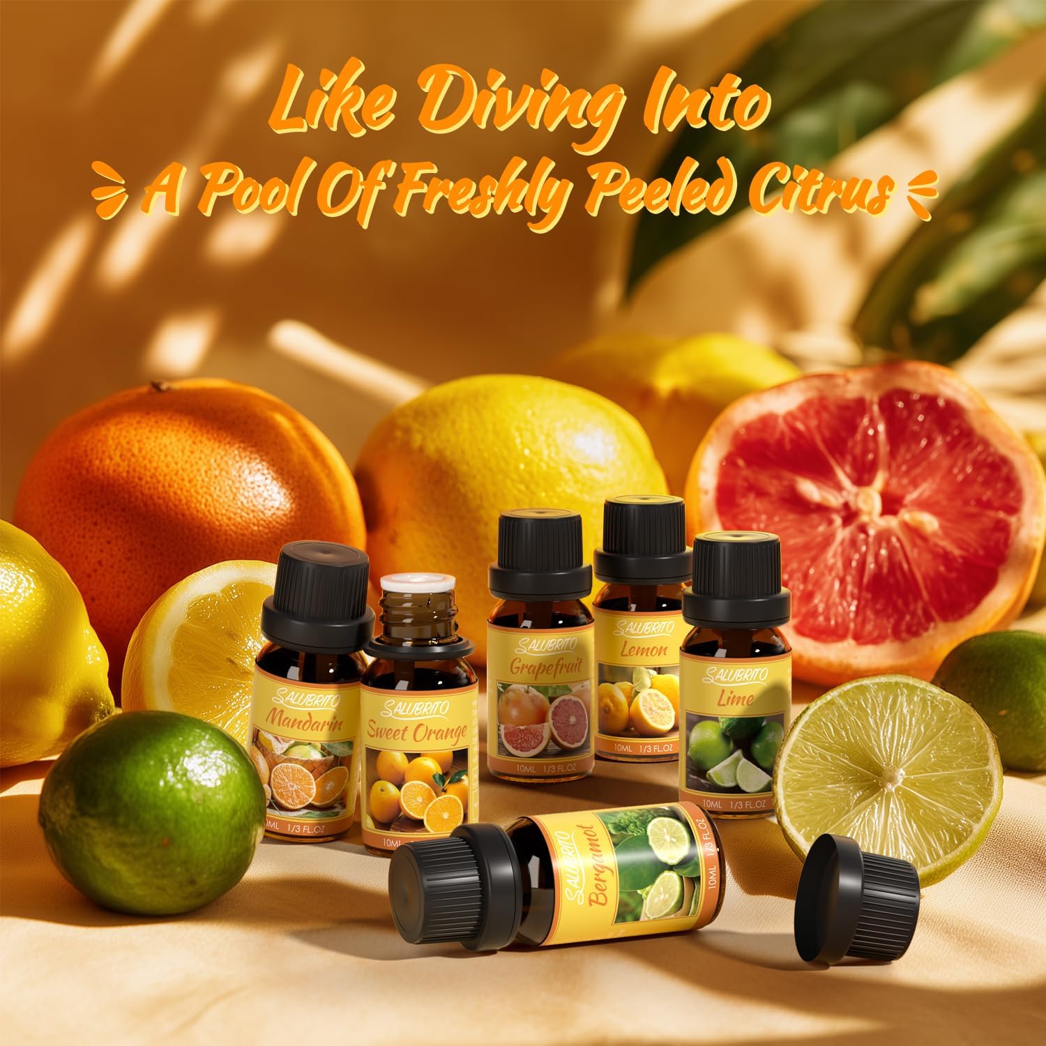 SALUBRITO Set mit ätherischen Zitrusölen, natürliche Zitrusdüfte, Duftöle für den Diffusor – Aromatherapieöl aus Süßorange, Bergamotte, Grapefruit, Zitrone, Mandarine und Limette – Bild 5