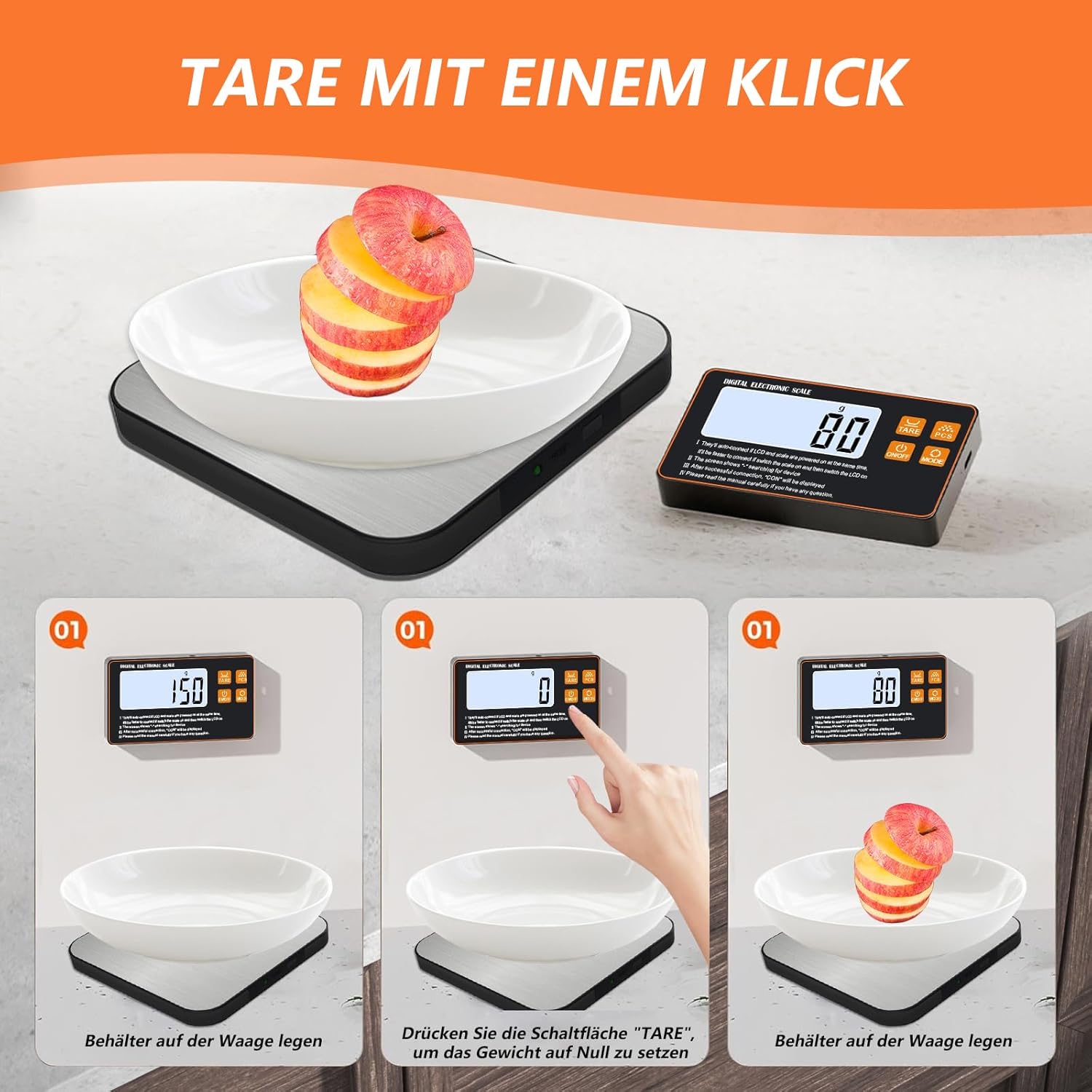 Digitale Küchenwaage 15 kg/1 g mit abnehmbarem Display, Edelstahloberfläche, mit separatem LCD-Display, zum Kochen, Backen, Essenszubereiten – Bild 7