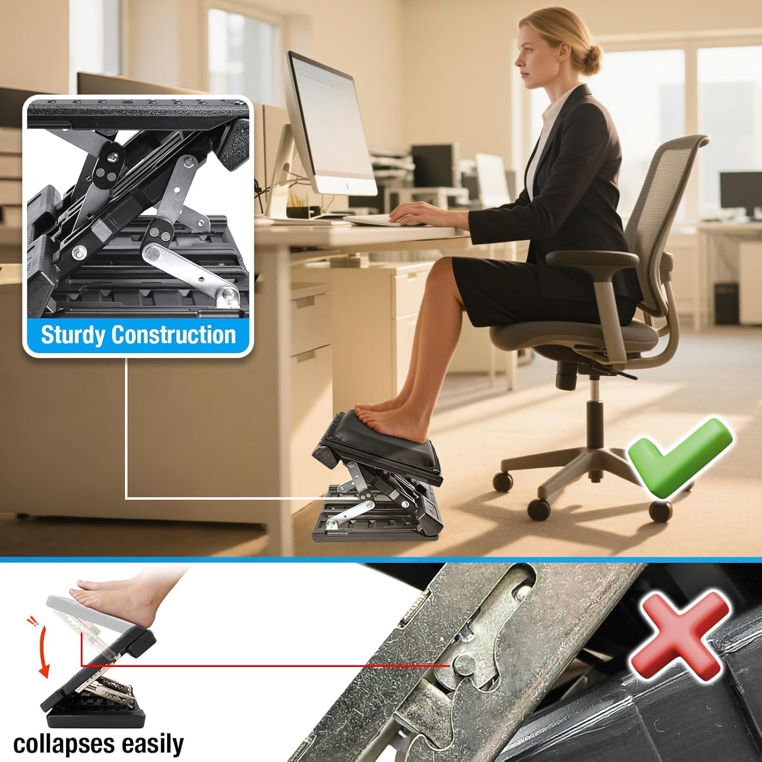 Große Panel-Fußstütze, Schreibtisch, stufenlos verstellbare Fußstütze, Fußhocker mit Massage, ergonomischer Höhenwinkel, verstellbar, für Büro und Zuhause (schwarz) – Bild 6