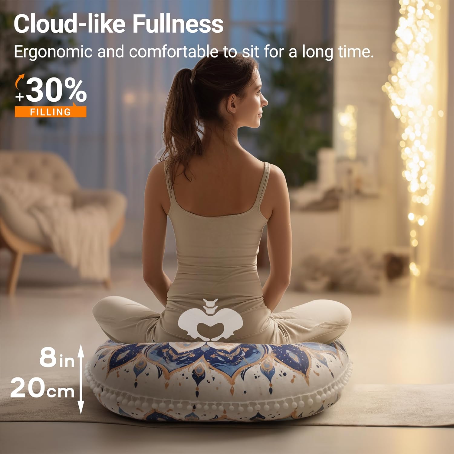 Meditations-Bodenkissen, rundes Sitzkissen mit waschbarem und abnehmbarem Bezug, 80 cm großes ergonomisches Yogakissen mit Pompon-Dekor, für den Innen- und Außenbereich, Marineblau – Bild 5
