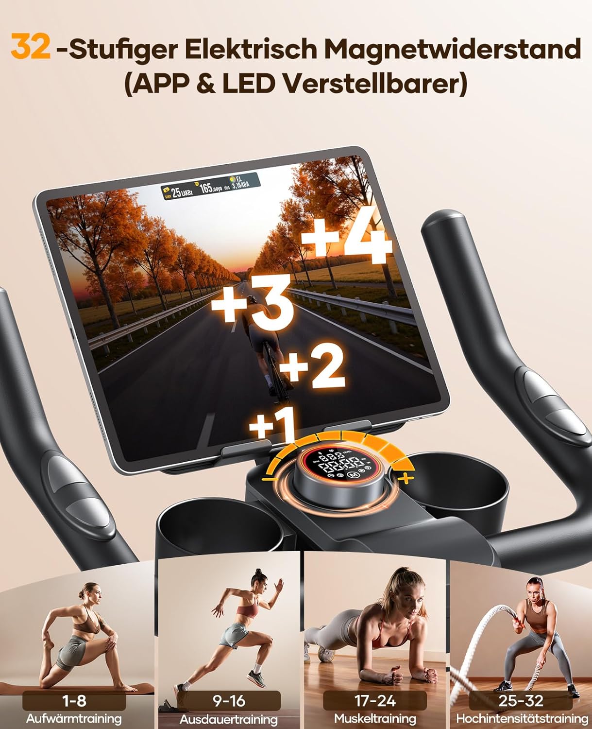 Toputure Neuer Heimtrainer mit elektrischem LED-Touchscreen und App, Herzfrequenzmesser, 32 elektrischer Magnetwiderstands-Heimtrainer, leises Ergometer, doppelter Flaschenhalter, Langhantelständer, bis zu 150 kg – Bild 3