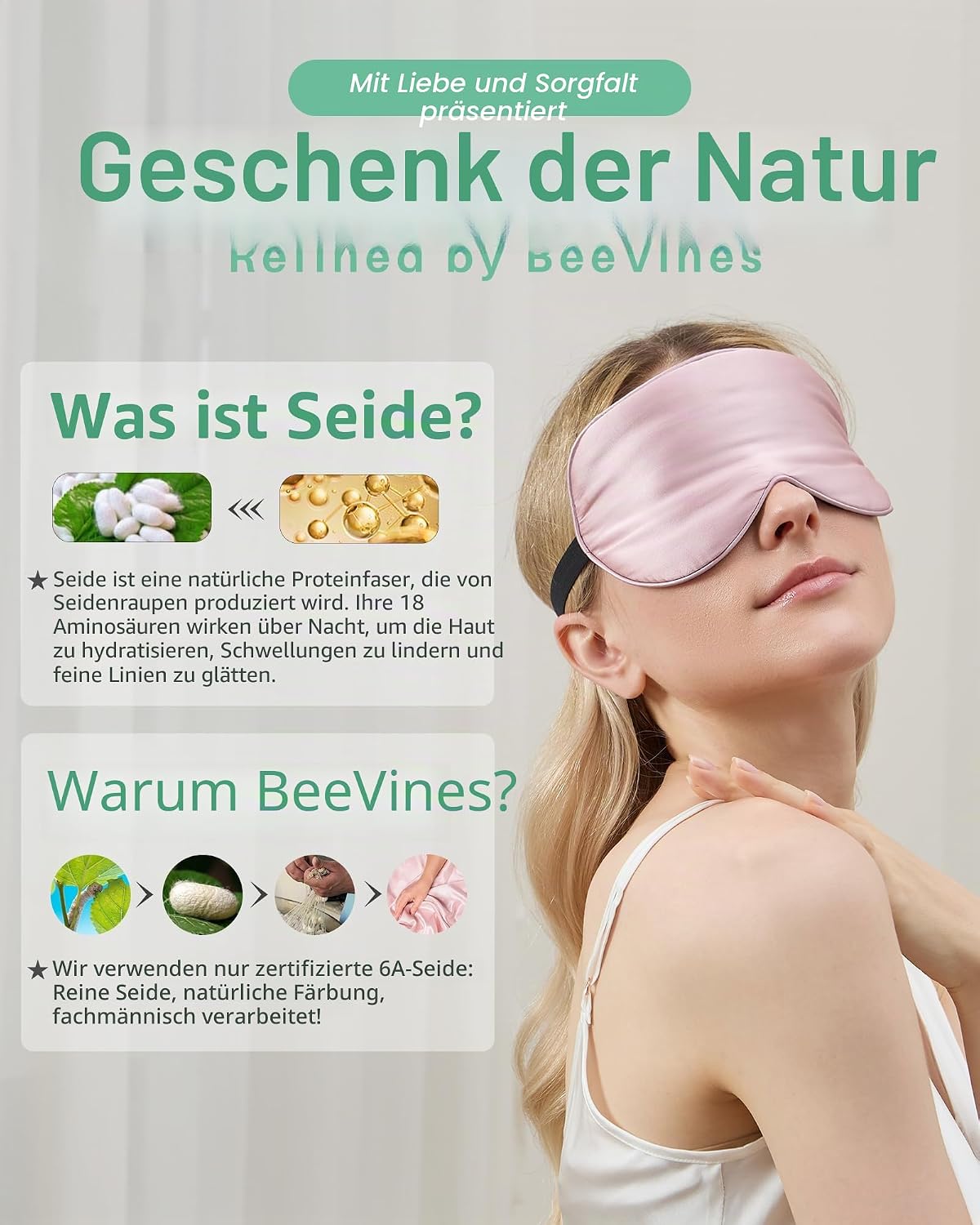 Schlafmaske aus Seide, 2er-Pack, Augenmaske aus 100 % echter natürlicher reiner Seide mit verstellbarem Riemen, Augenmaske zum Schlafen, BeeVines Augen-Schlafschutz für Yoga-Reisen, blockiert Licht – Bild 7