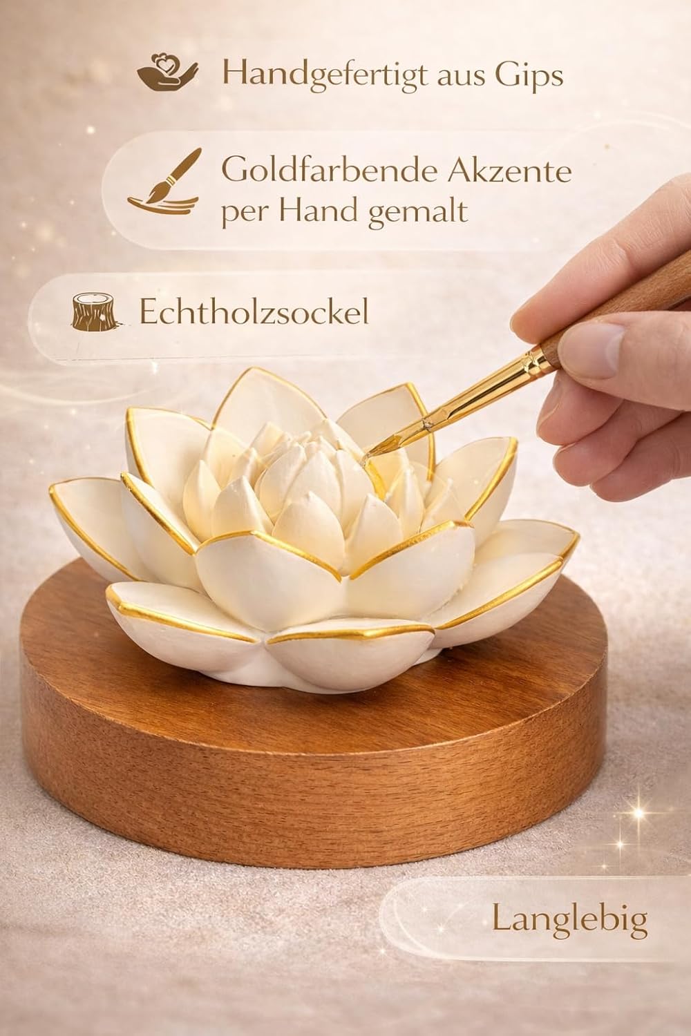 Lotus-Aroma-Diffusor – handgefertigter Gips-Duftstein/Aromastein mit Holzsockel | Natürliche Aromatherapie ohne Strom | Enthält 10 ml Amber Allure Duftöl – Bild 3