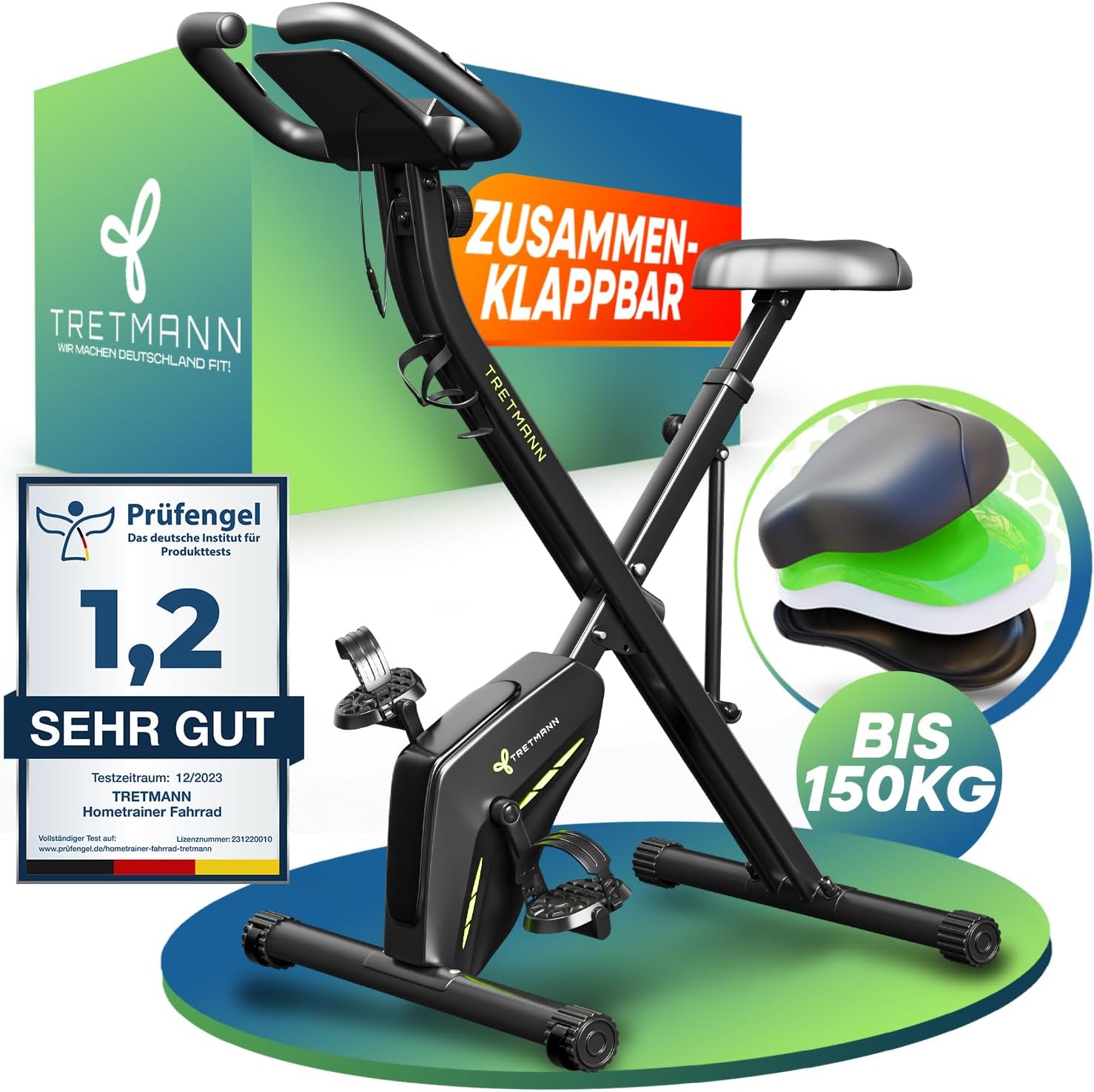 Tretmann Heimtrainer Fahrrad Klappset extra bequem & leise RelaxFoam bis 150 kg belastbar Ergometer, Heimtrainer, Ergometer Heimtrainer Senioren, Fitnessbikes
