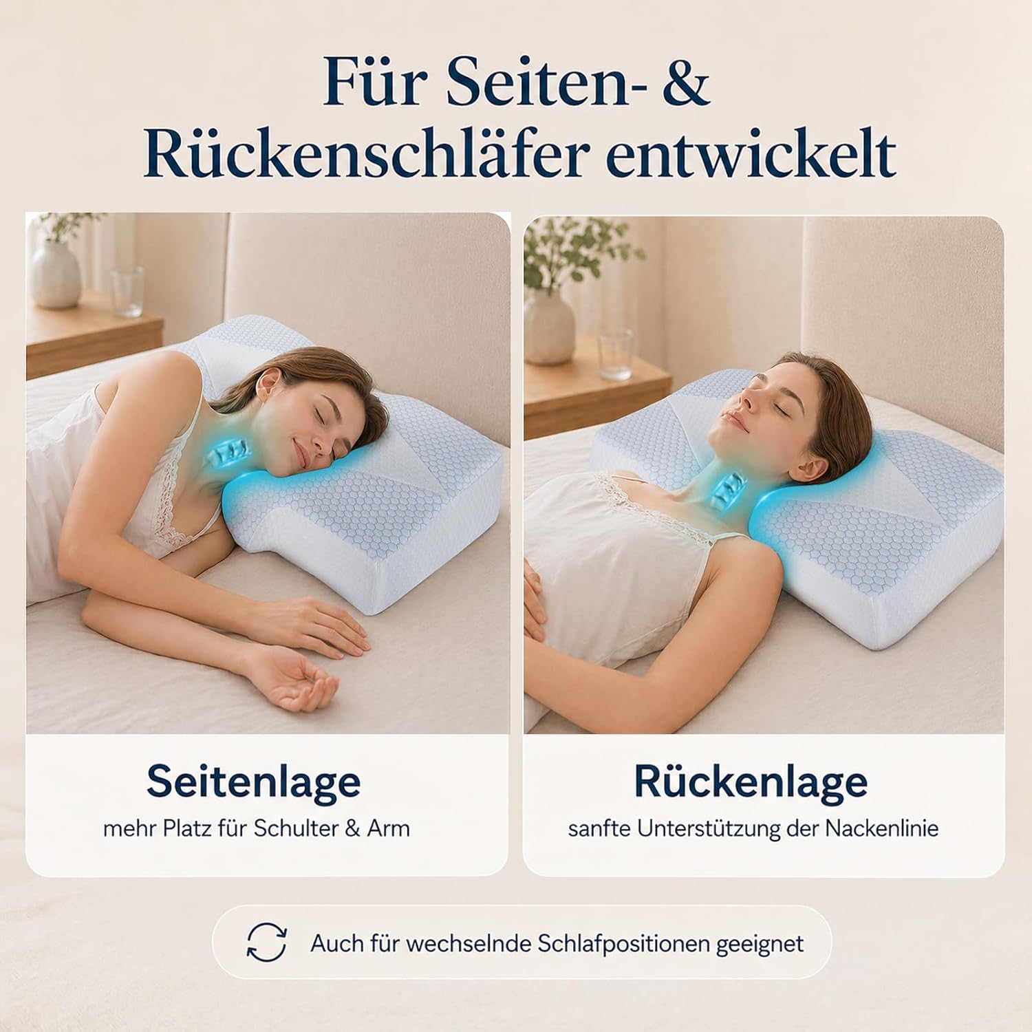 Nackenstützkissen gegen Nackenschmerzen, orthopädisches Kissen, ergonomisches Memory-Schaum-Nackenkissen mit 2 Höhen, Hohlraum und Kühlbezug, für Seiten- und Rückenschläfer – Hellblau – Bild 4