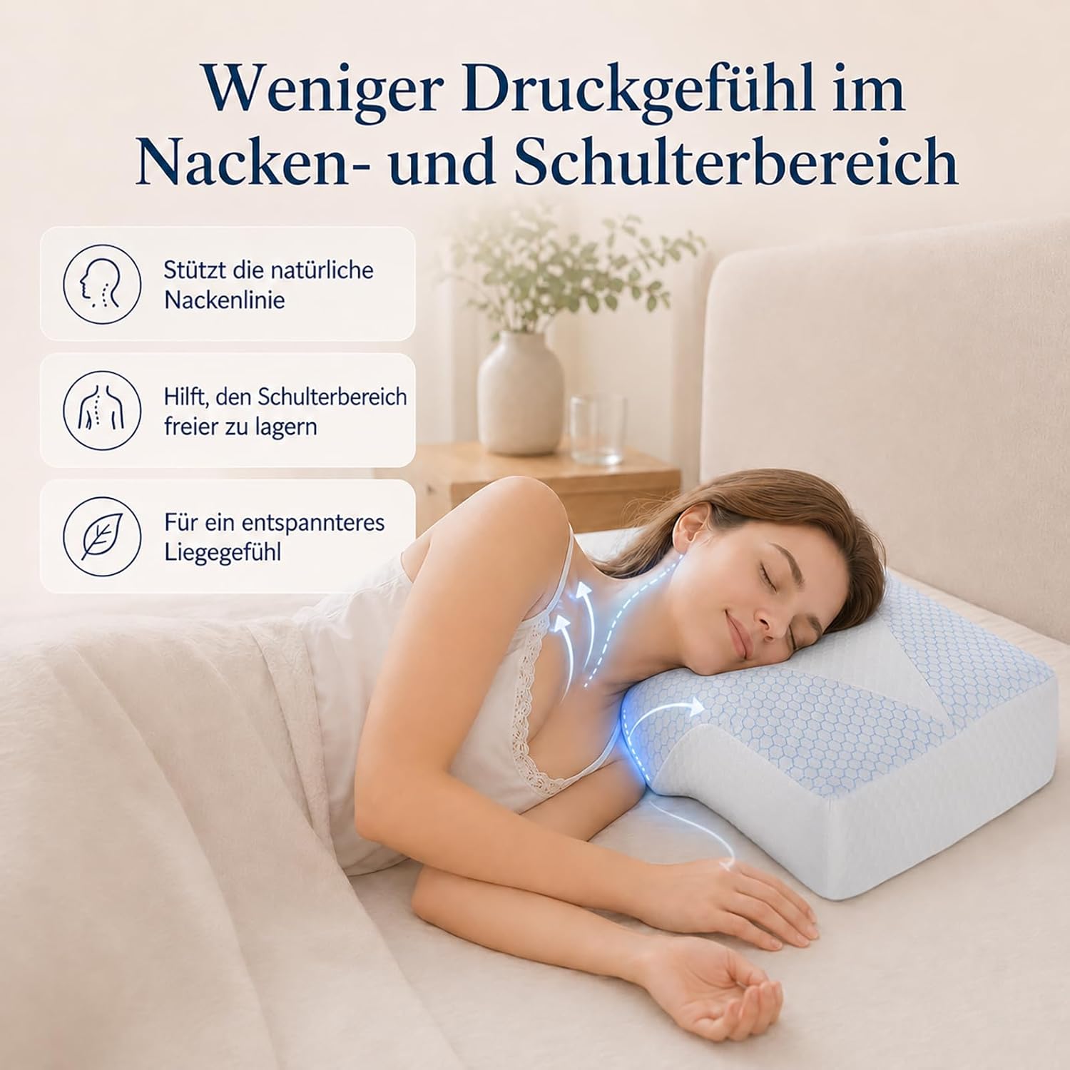 Nackenstützkissen gegen Nackenschmerzen, orthopädisches Kissen, ergonomisches Memory-Schaum-Nackenkissen mit 2 Höhen, Hohlraum und Kühlbezug, für Seiten- und Rückenschläfer – Hellblau – Bild 3