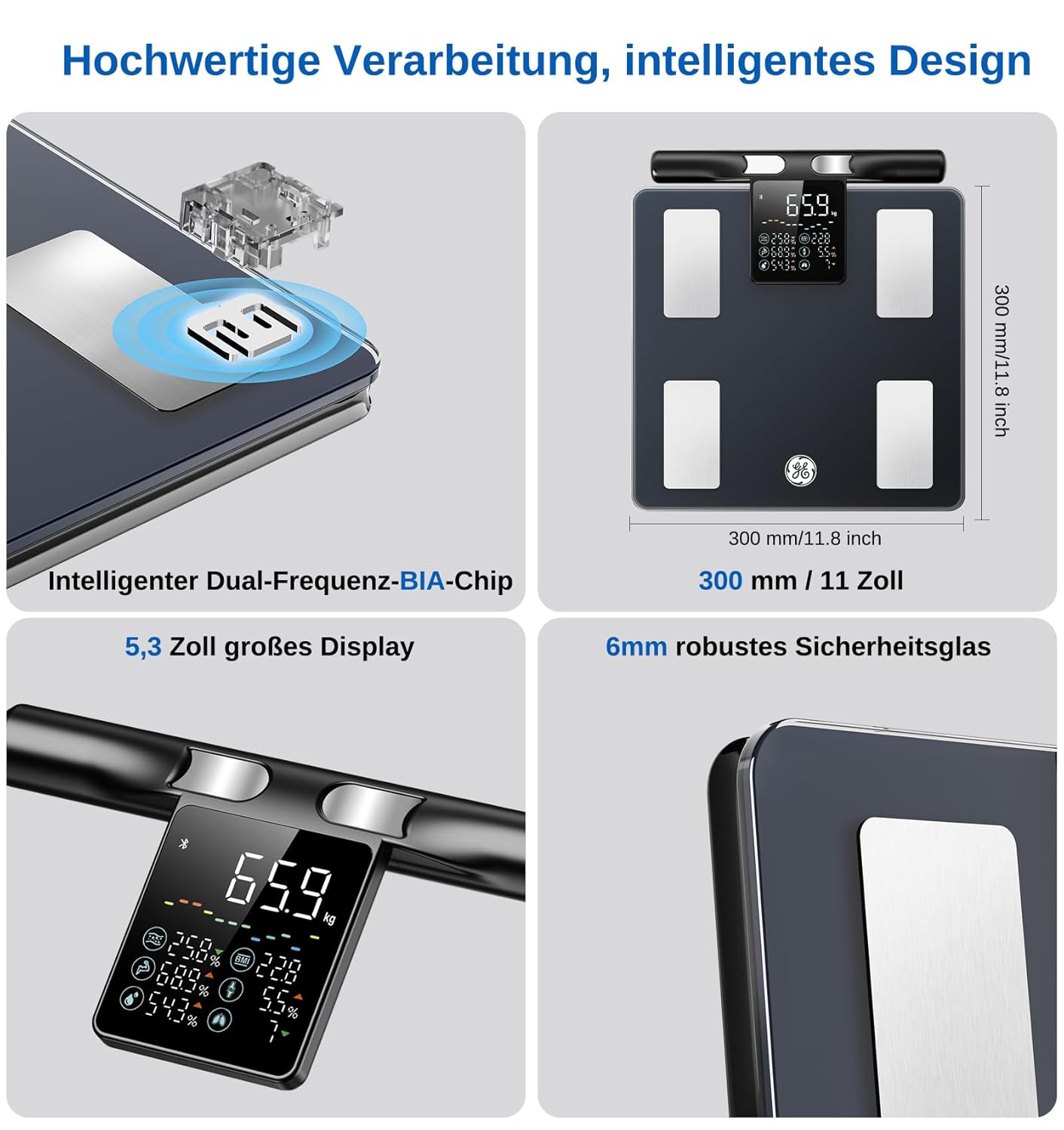 GE Körperfettwaage Digitalwaage Personen, 8 Elektroden Körperwaage mit Körperfett und Muskelmasse, BMI, Analyse von 50 Körperparametern, Smarte Personenwaage mit Bluetooth, 180 kg, Schwarz – Bild 7