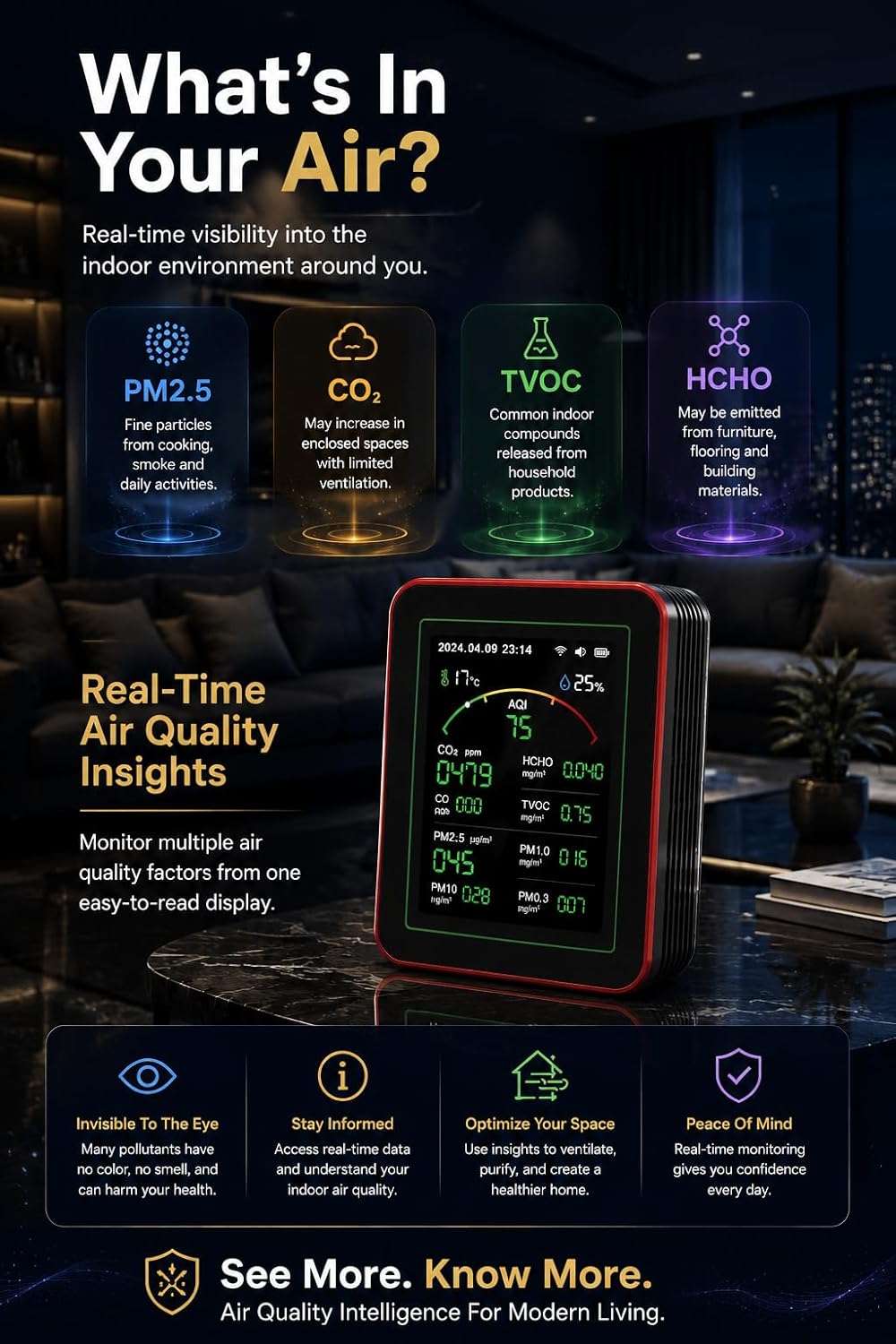 Professionelles 15-in-1-Luftqualitätsmessgerät mit App – CO₂-Messgerät/CO₂-Sensor, PM2,5/PM10-Feinstaubmessgerät, VOC-Messgerät, Luftqualitätsmonitor mit Dual-Chip und Echtzeit-AQI-Warnungen – Bild 7