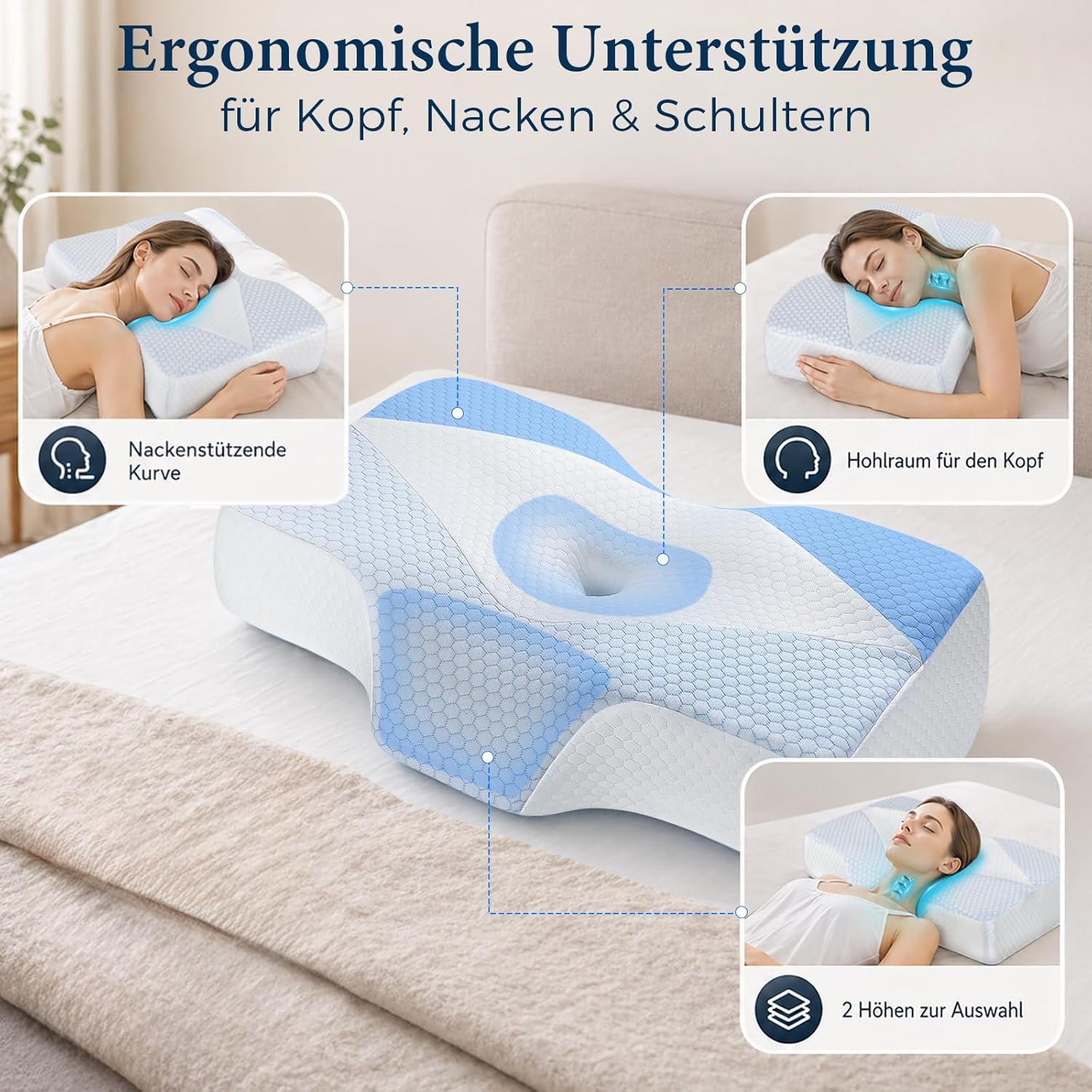 Nackenstützkissen gegen Nackenschmerzen, orthopädisches Kissen, ergonomisches Memory-Schaum-Nackenkissen mit 2 Höhen, Hohlraum und Kühlbezug, für Seiten- und Rückenschläfer – Hellblau – Bild 2