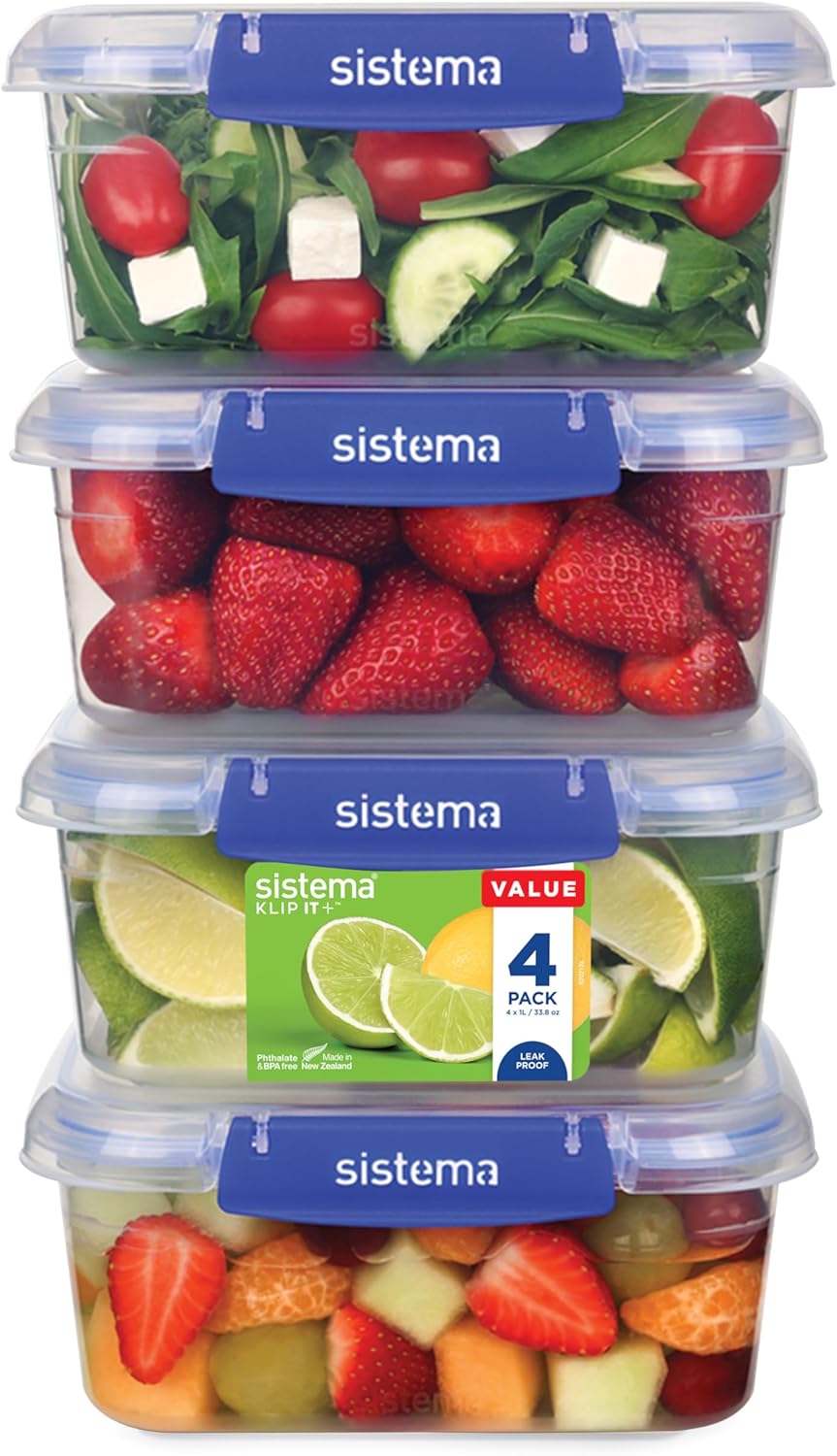 Sistema KLIP IT PLUS Frischhaltedosen-Set, 1 l, 4 luftdichte Behälter, auslaufsicherer Verschluss, einfach zu verschließende Clips, BPA-frei
