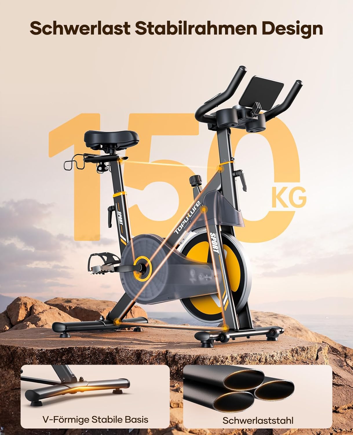 Toputure Neuer Heimtrainer mit elektrischem LED-Touchscreen und App, Herzfrequenzmesser, 32 elektrischer Magnetwiderstands-Heimtrainer, leises Ergometer, doppelter Flaschenhalter, Langhantelständer, bis zu 150 kg – Bild 5