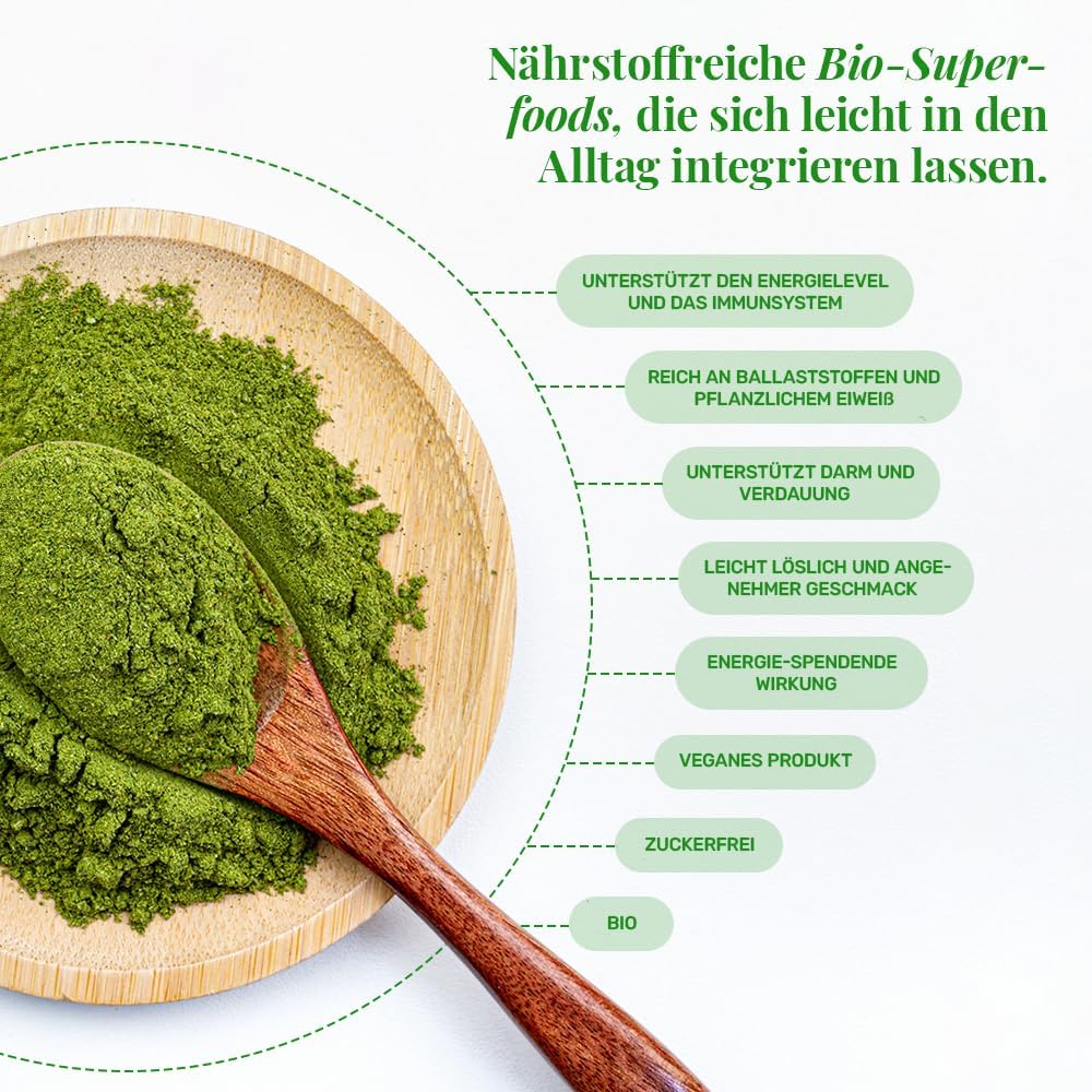 UKKO Vital Greens 500 g Superfood-Pulver mit Spirulina, Matcha und Weizengras, unterstützt Immunsystem, Energie und Verdauung, 100 % natürlich, vegan, deutsche Qualitätskontrolle – Bild 4