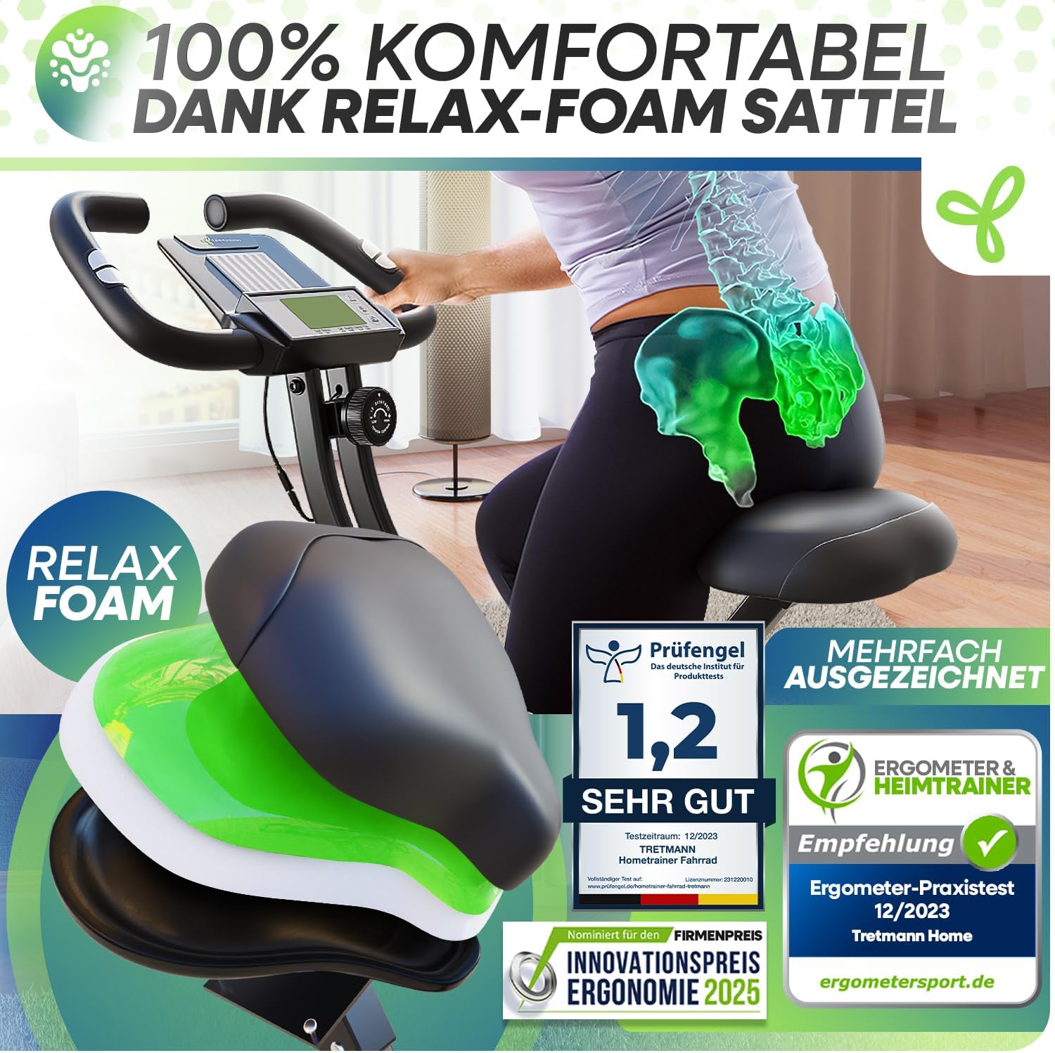 Tretmann Heimtrainer Fahrrad Klappset extra bequem & leise RelaxFoam bis 150 kg belastbar Ergometer, Heimtrainer, Ergometer Heimtrainer Senioren, Fitnessbikes – Bild 2