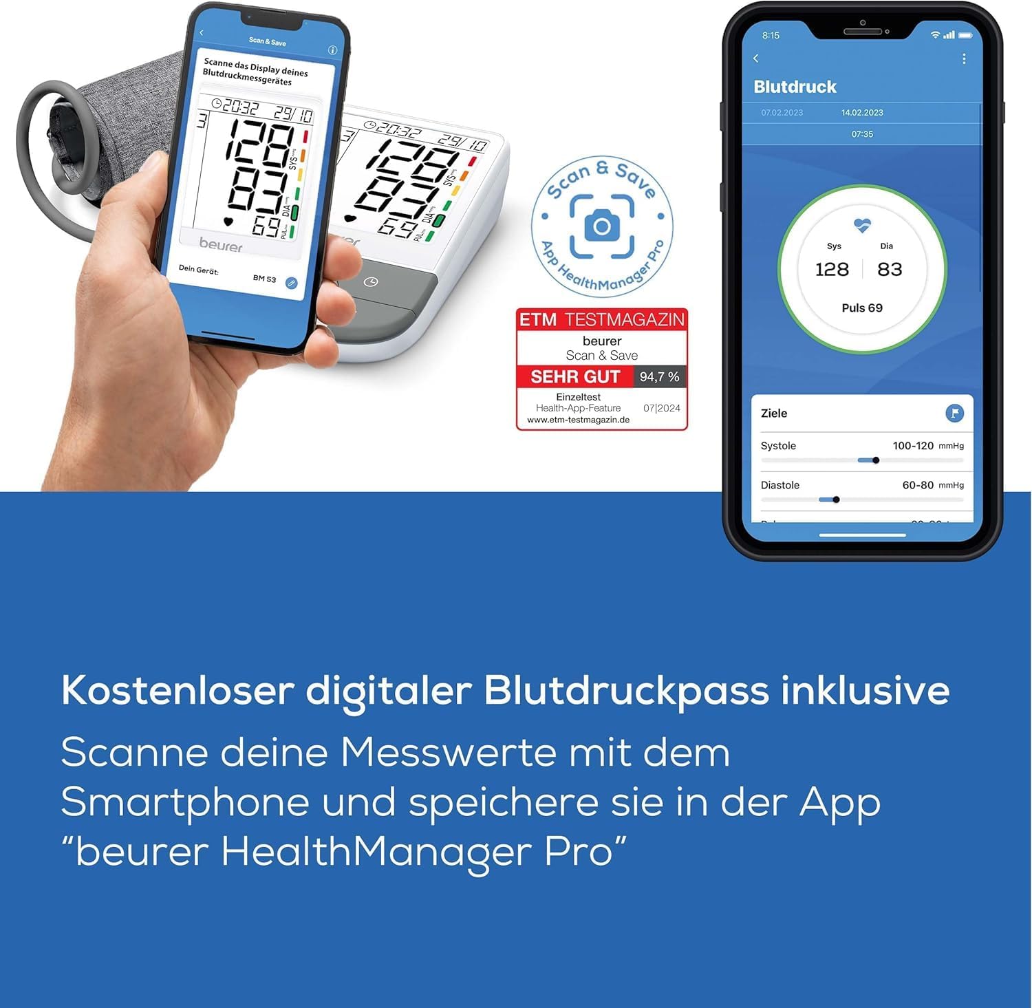 Beurer BM 53 Oberarm-Blutdruckmessgerät, hergestellt in Europa, klinisch validiert, AFib-Erkennung zur Schlaganfallprävention, Risikoindikator, Armumfang, Datenübertragung an Apple Health und Co., grau/weiß – Bild 5