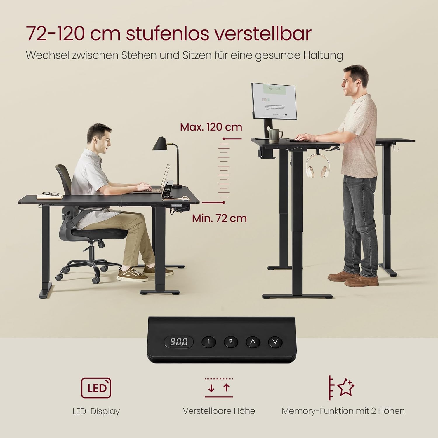VASAGLE Höhenverstellbarer Schreibtisch, 160 x 140 cm, L-förmiger Eckschreibtisch, Stehpult, 2 AC-Steckdosen, 2 USB-A-Anschlüsse, Steckdosenleistenablage für das Büro, Tintenschwarz LSD264BZ01 – Bild 4