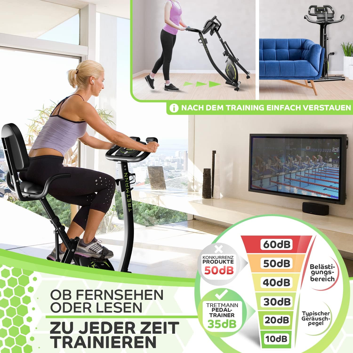 Tretmann 3-in-1-Klapp-Heimtrainer – Extra leise & komfortabel – (SoftFoam) Dekra-geprüft – mit tiefem Einstieg. Heimtrainer, Fahrrad-Ergometer, Heimtrainer, faltbare Heimfitness-Fahrräder – Bild 3