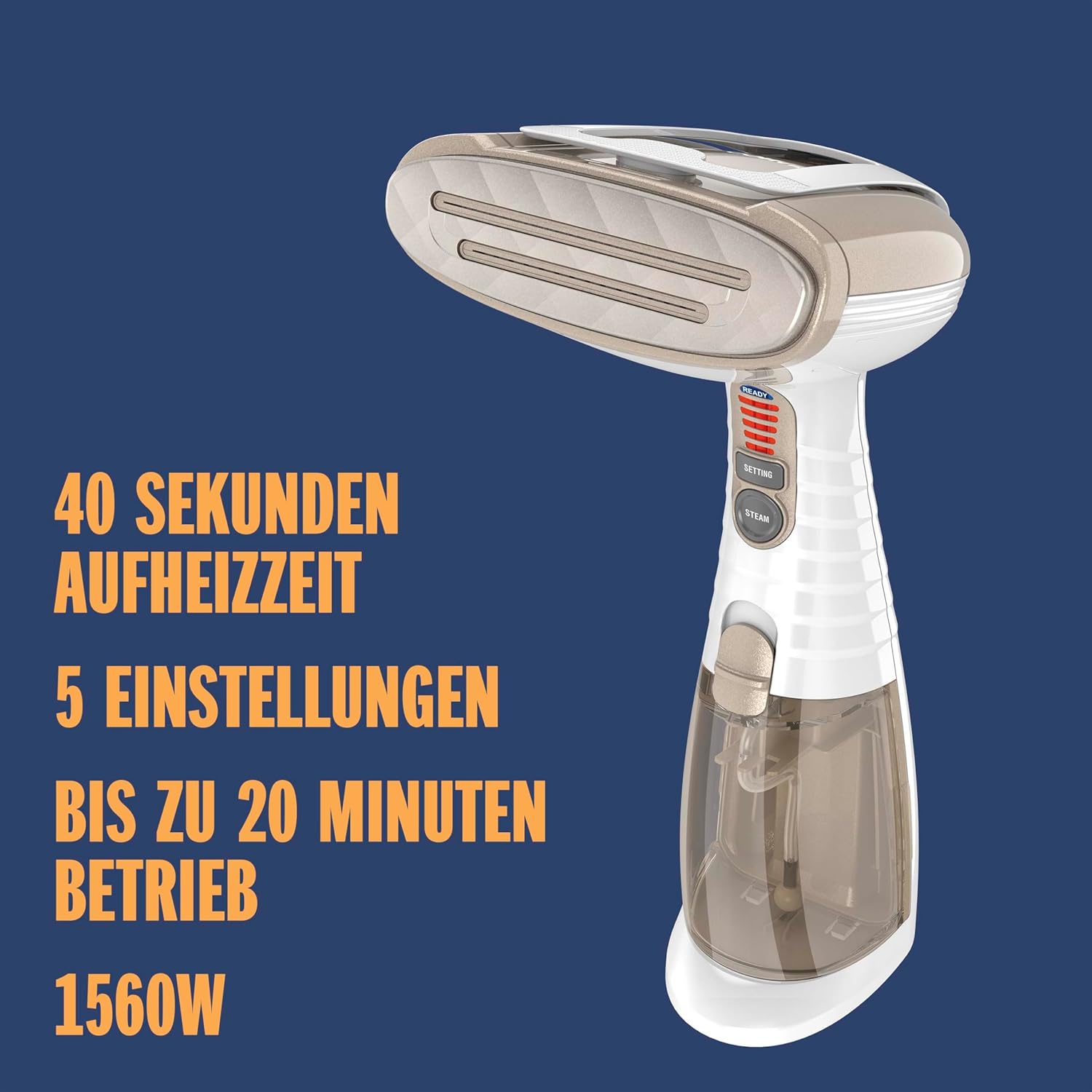Conair Turbo ExtremeSteam Dampfgarer mit 5 Einstellungen | Dampfleistung 25 g/min | Schnelle Aufheizzeit | 3 Aufsätze für feine und schwere Stoffe + Falten | Weiß/Beige – Bild 3