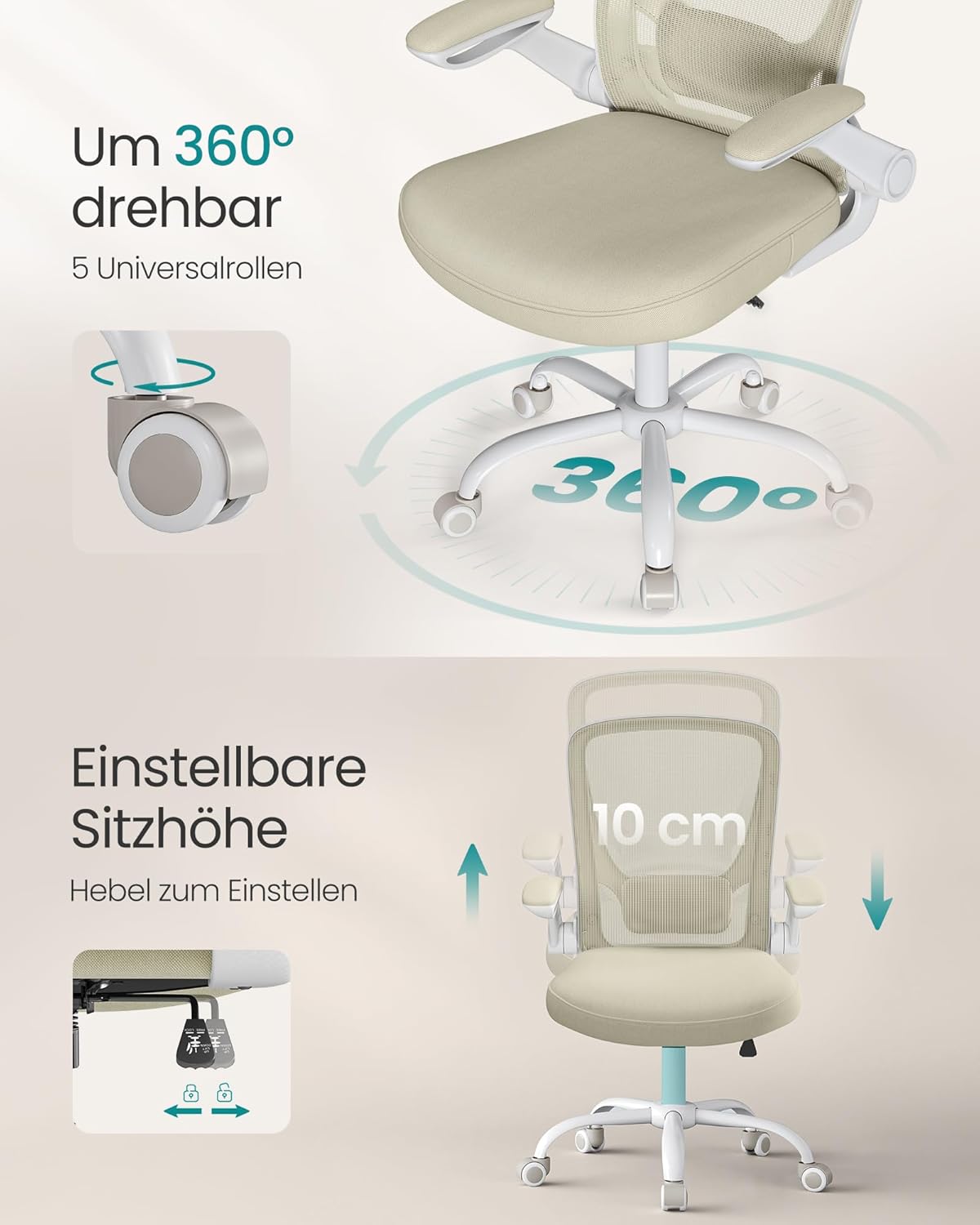 SONGMICS OBN037K02 Büro-Schreibtischstuhl, Netzdrehstuhl, ergonomisch, gepolsterte Lordosenstütze, Wippfunktion, 53 cm Sitzfläche, klappbare Armlehnen, Haferflockenbeige – Bild 8