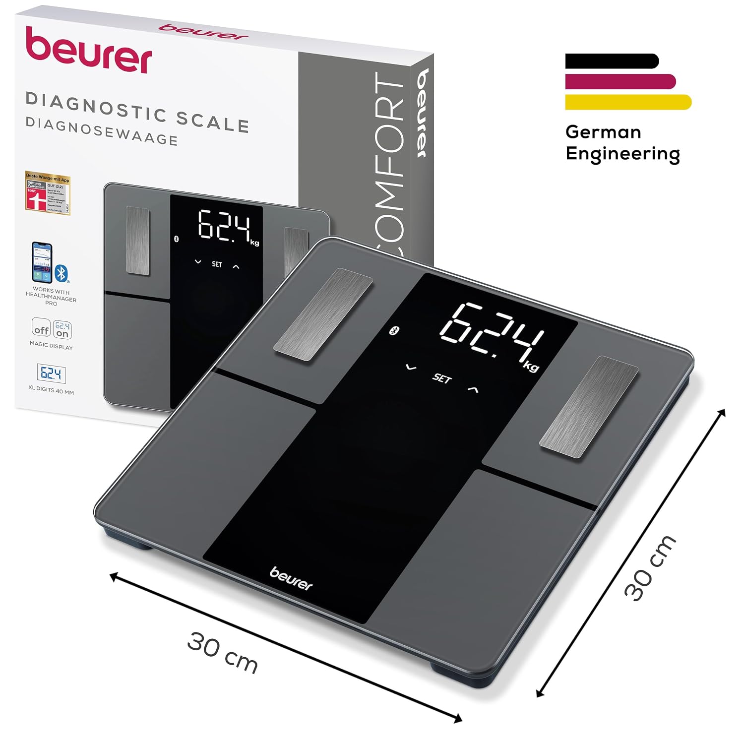 Beurer BF 500 Diagnosewaage mit Bluetooth, digitale Körperwaage mit App, Ermittlung und Analyse von Körperwerten, Messung von Körperfett- und Muskelanteil, extragroßes Display – Bild 6