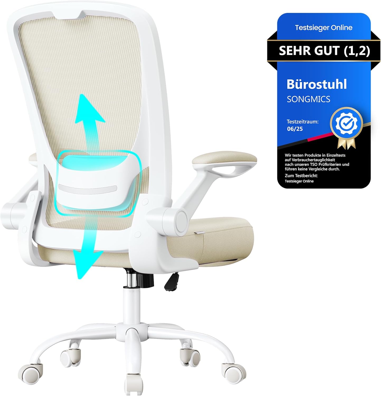 SONGMICS OBN037K02 Büro-Schreibtischstuhl, Netzdrehstuhl, ergonomisch, gepolsterte Lordosenstütze, Wippfunktion, 53 cm Sitzfläche, klappbare Armlehnen, Haferflockenbeige