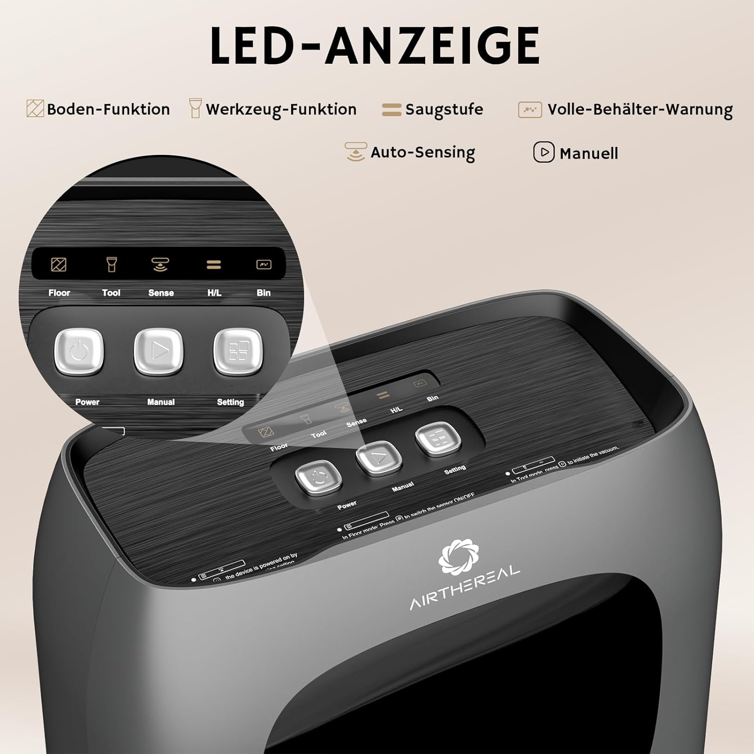 AIRTHEREAL T1 Kehrschaufel mit berührungsloser Saugfunktion, 20 kPa stationärer Staubsauger gegen Tierhaare, 1500 W kabelgebundene Absaugung mit Infrarotsensor, 7 l Staubbehälter, HEPA F8, rückenfreundlich (schwarz) – Bild 3
