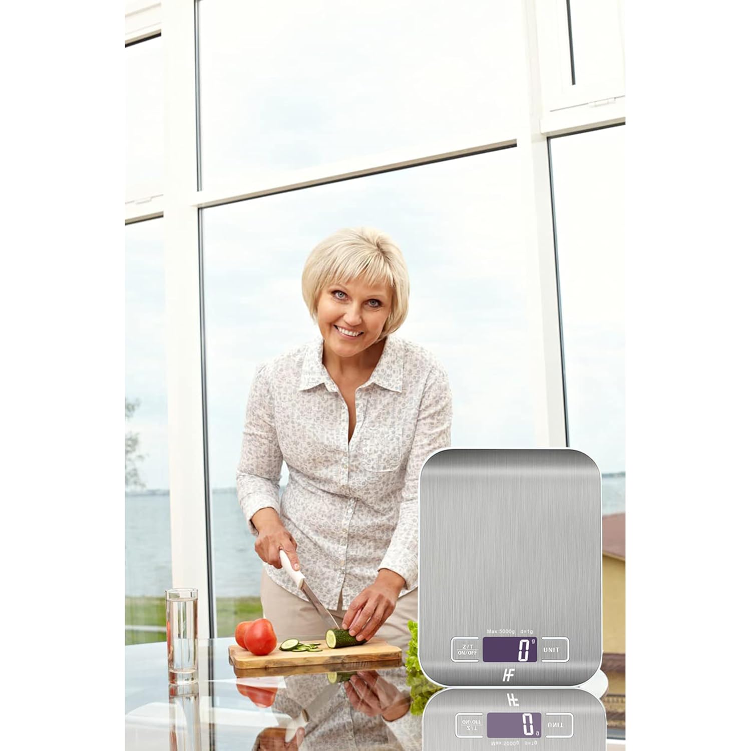 Home Fashion Digitale Küchenwaage, Lebensmittelwaage aus Edelstahl mit 5 kg Tragkraft und 1 g Präzision, Küchenwaage mit beleuchtetem LCD-Display, 5 Einheiten, Tara-Funktion, Silber – Bild 8