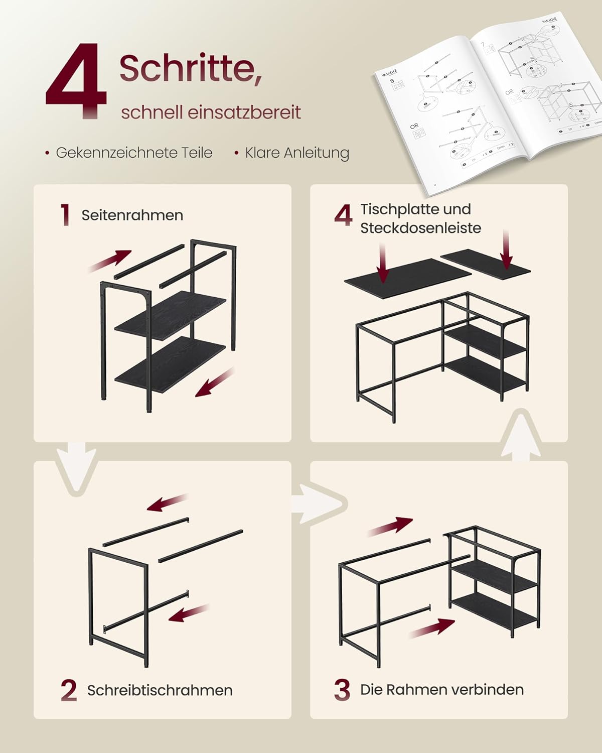 VASAGLE LWD136BE01 Eckschreibtisch, L-förmiger Computertisch mit Stauraum, Büroschreibtisch, höhenverstellbare Ablage für Heimbüro, 120 x 80 cm, Ebenholzschwarz – Bild 7