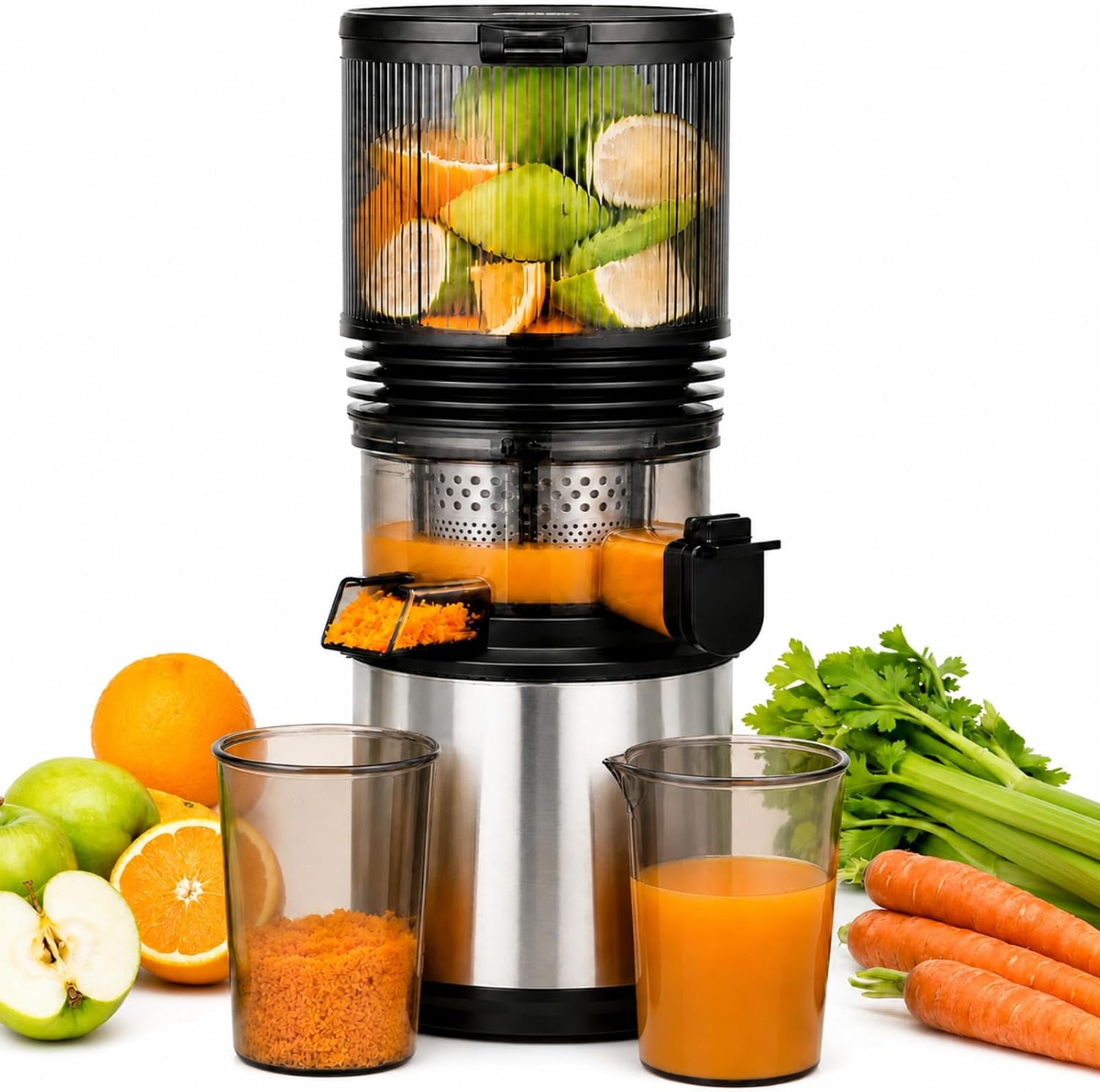 AMZCHEF Entsafter – Langsamer Entsafter mit 158 mm Einfüllschacht für ganzes Gemüse und Obst, leicht zu reinigen, Kaltpress-Entsafter mit Saft- und Tresterbecher, hohe Saftausbeute, Silber/Schwarz