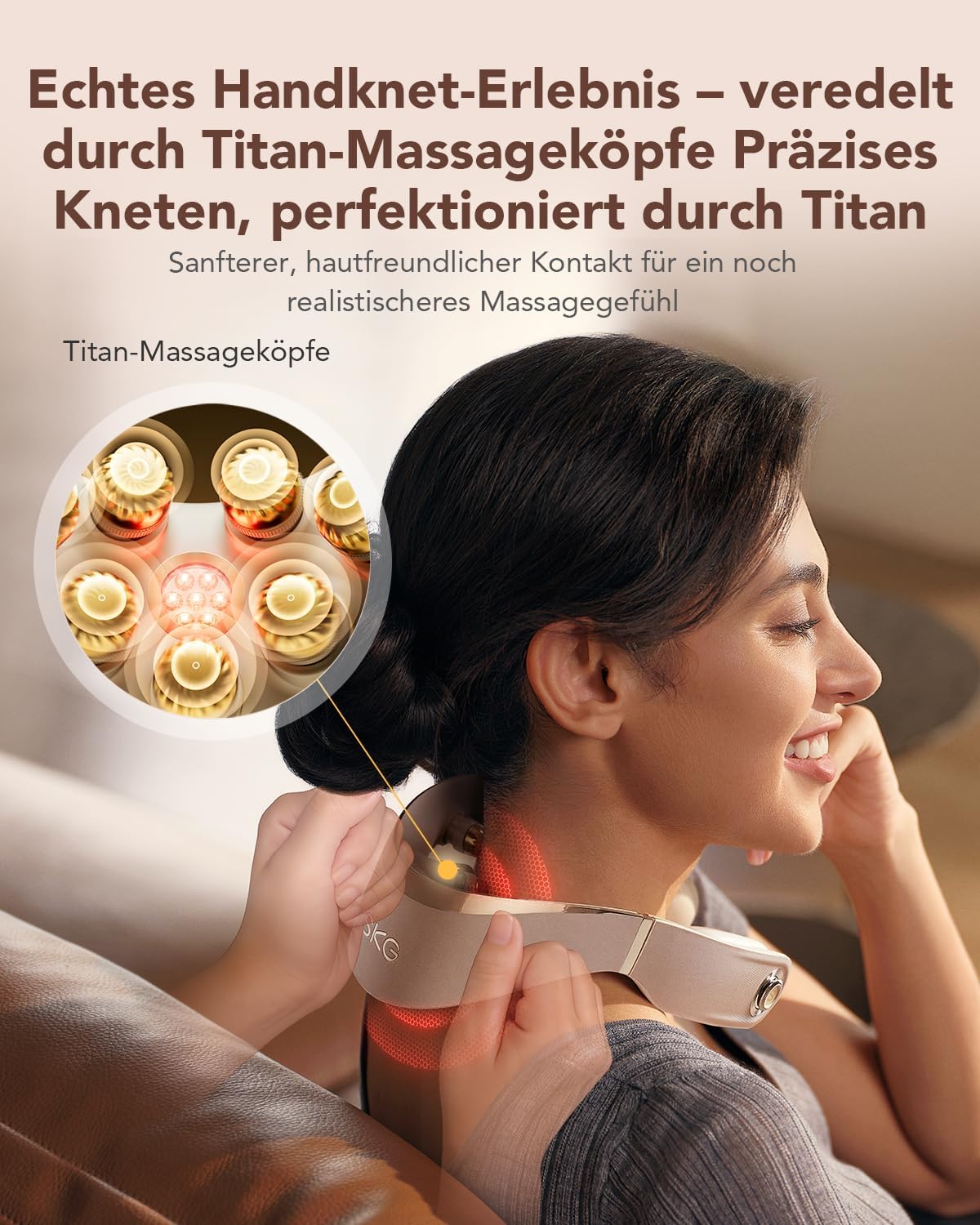 SKG Nackenmassagegerät, faltbares elektrisches Nackenmassagegerät mit Wärme & Vibration, Massageköpfe aus Titan 316L, 11 Programme, kabellos & tragbar, Geschenk für Papa, Männer und Frauen, G7 Pro Fold (Gold) – Bild 2