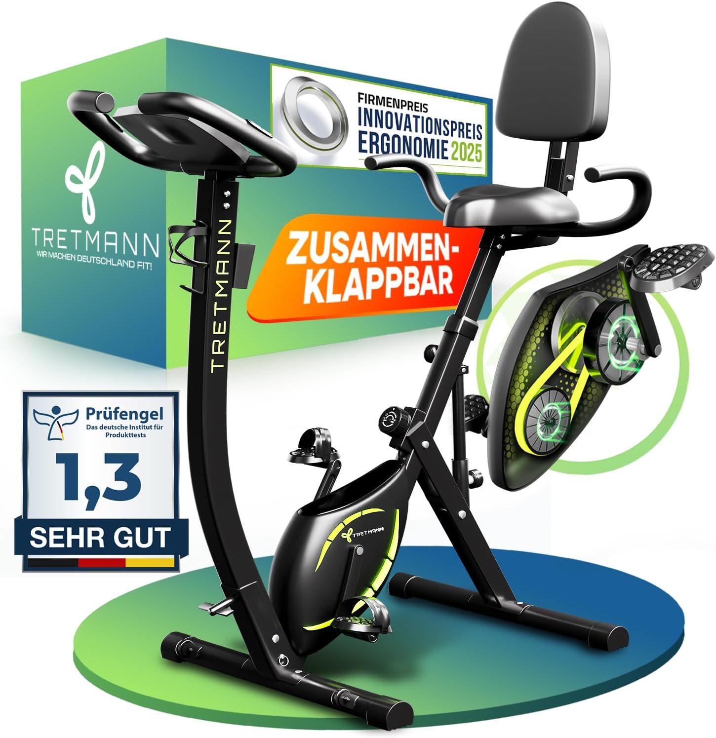 Tretmann 3-in-1-Klapp-Heimtrainer – Extra leise & komfortabel – (SoftFoam) Dekra-geprüft – mit tiefem Einstieg. Heimtrainer, Fahrrad-Ergometer, Heimtrainer, faltbare Heimfitness-Fahrräder