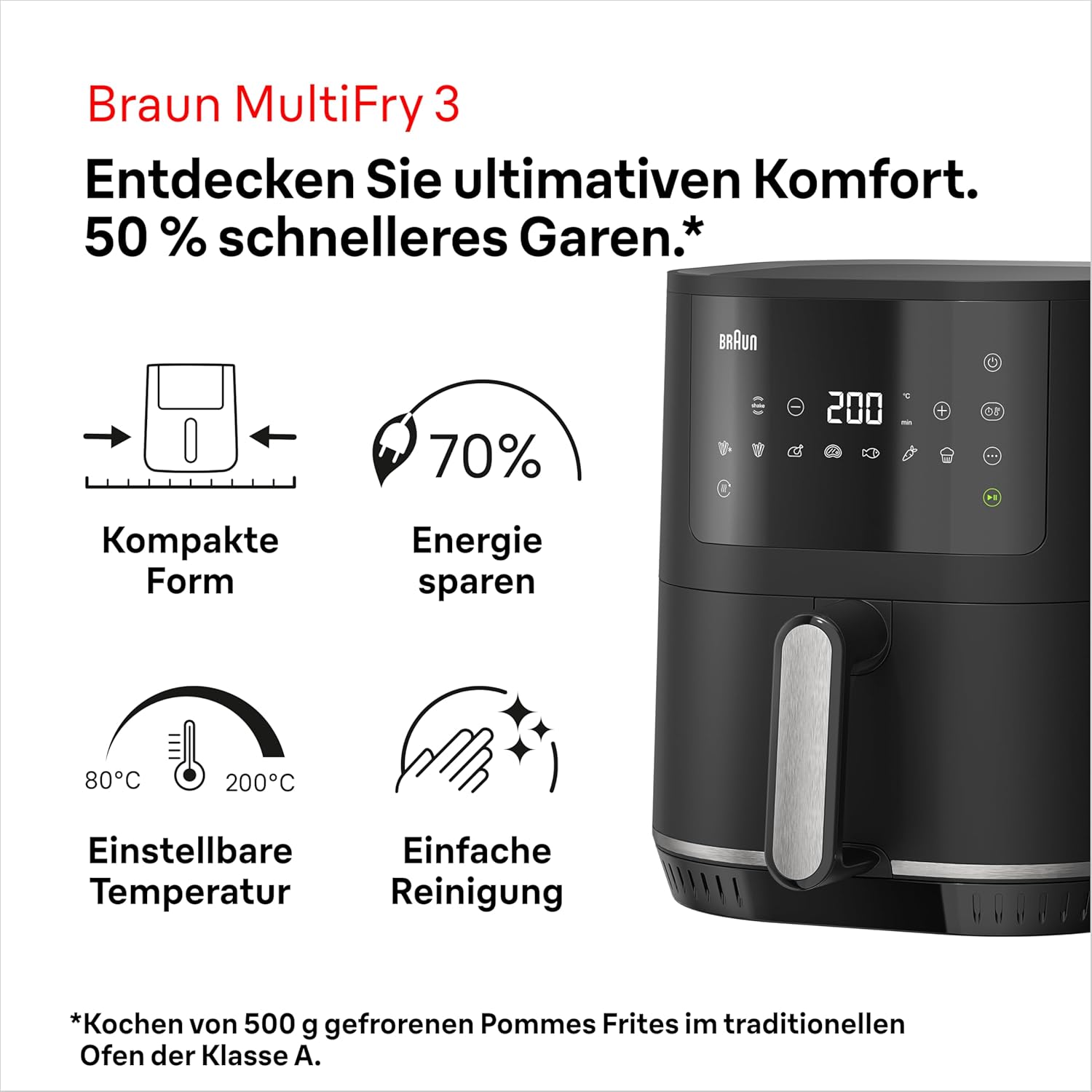 Braun MultiFry 3 HF 3030 Heißluftfritteuse, 4,3 l, 1500 W, digitale Temperaturregelung, 80-200 °C, Timer, 8 Programme, Touch-Steuerung, Antihaftbeschichtung, Garkorb & Rost, spülmaschinenfest, Schwarz – Bild 3