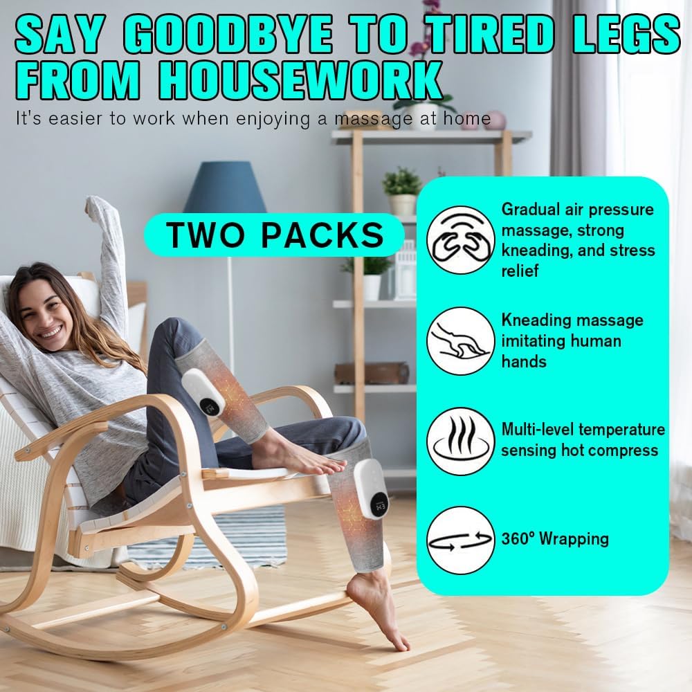 2er-Pack kabelloses Beinmassagegerät, Wadenmassagegerät mit Wärme und Kompression, 3 Modi und 3 Wärmeeinstellungen, 20-minütige zeitgesteuerte Massage zur Entspannung der Bein- und Wadenmuskulatur – Bild 6